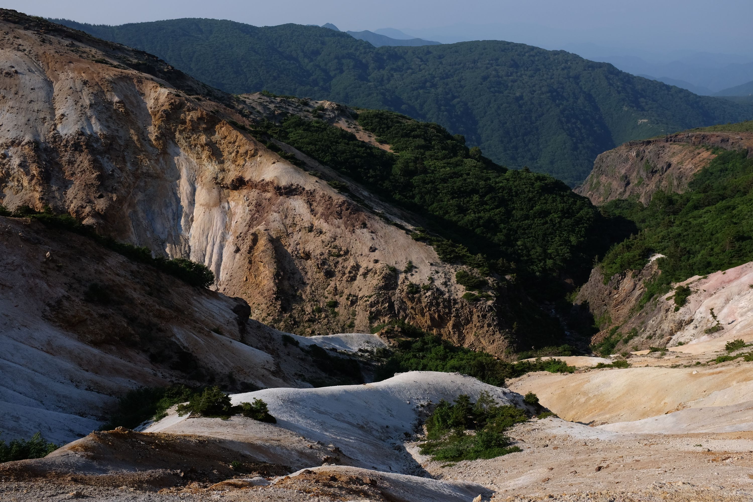 Very colorful scree slopes alternate with forested hillsides.