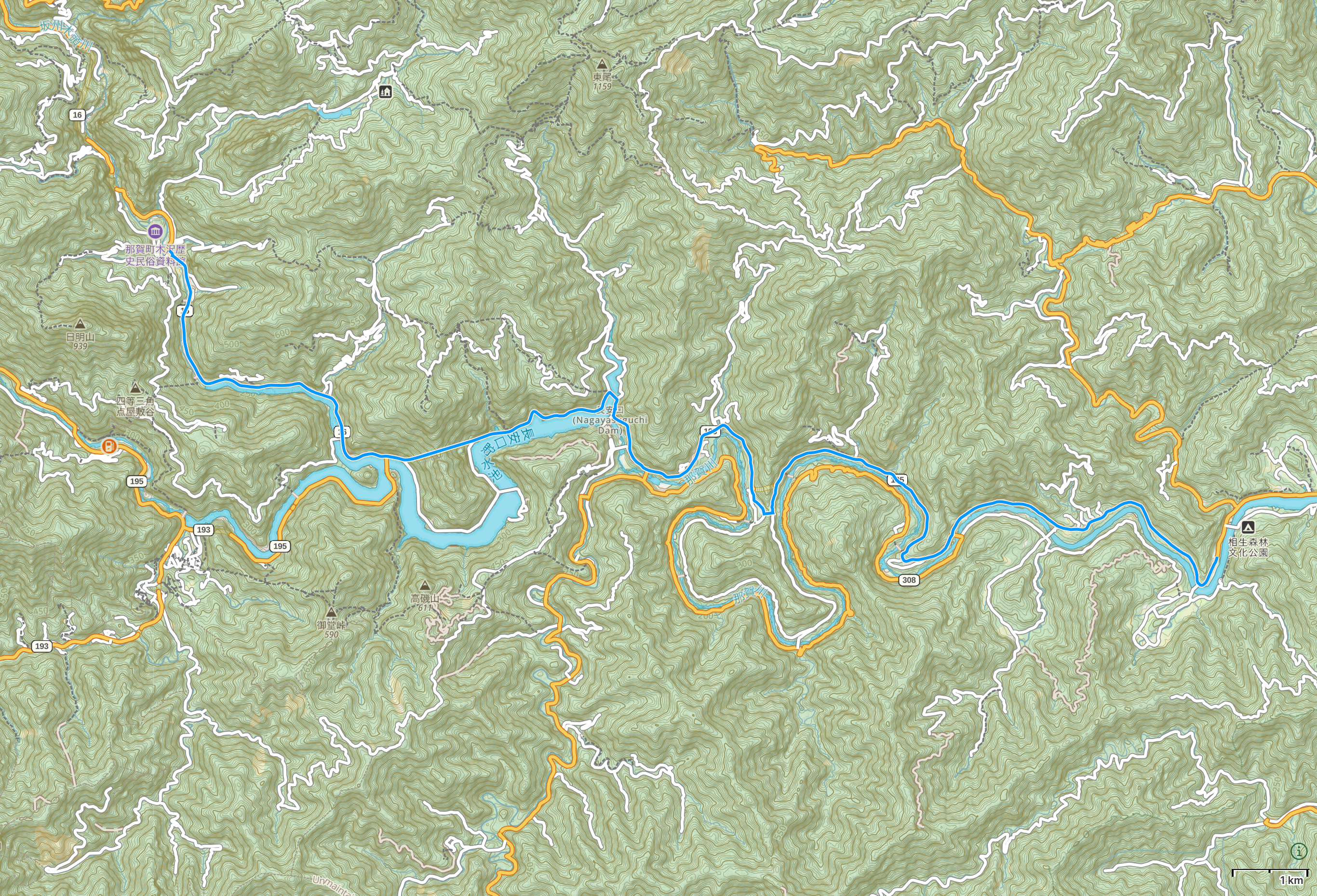 Map of Tokushima Prefecture with author’s route between Momijigawa Hot Spring and Kisawa highlighted.