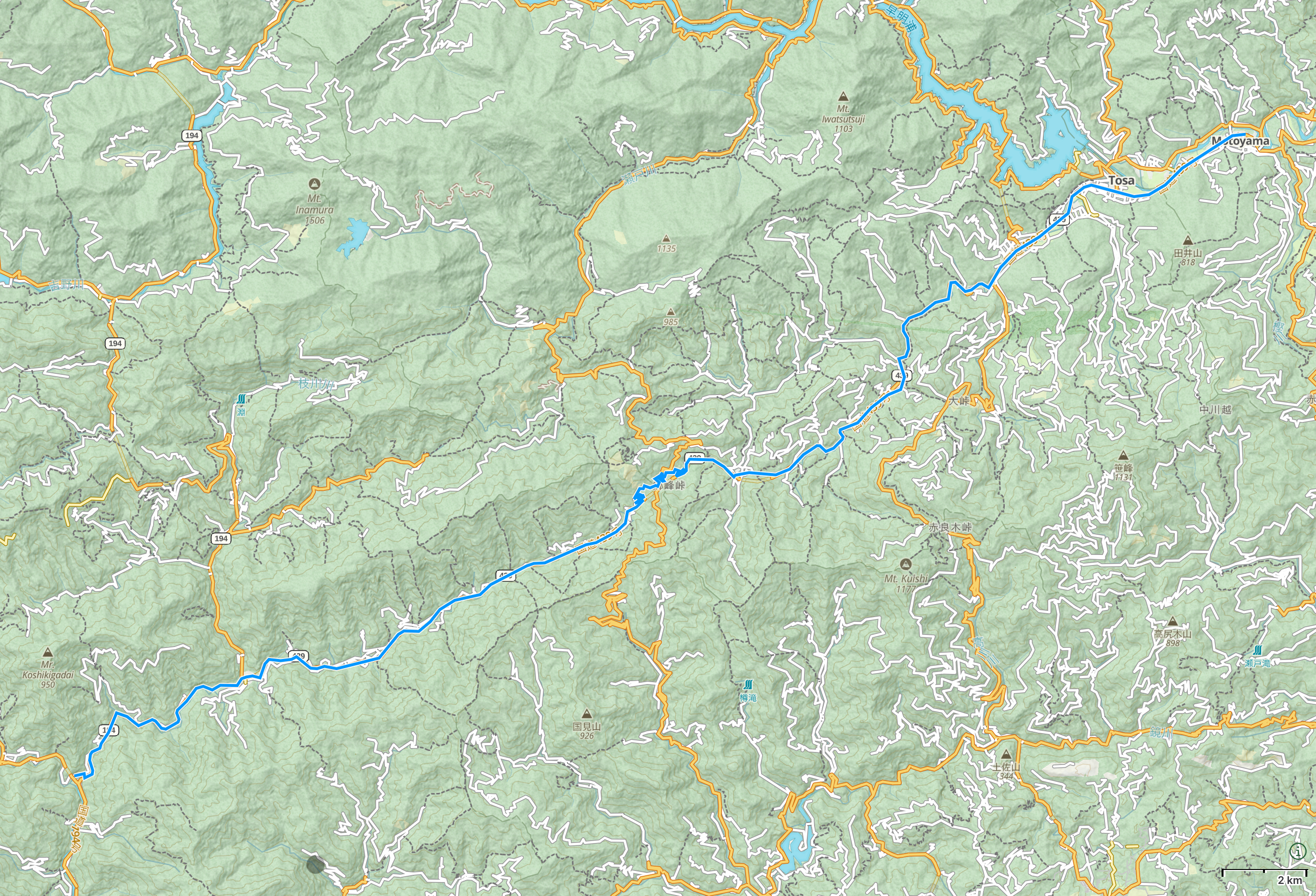 Map of Kōchi Prefecture with author’s route between Tosa and Gohoku highlighted.