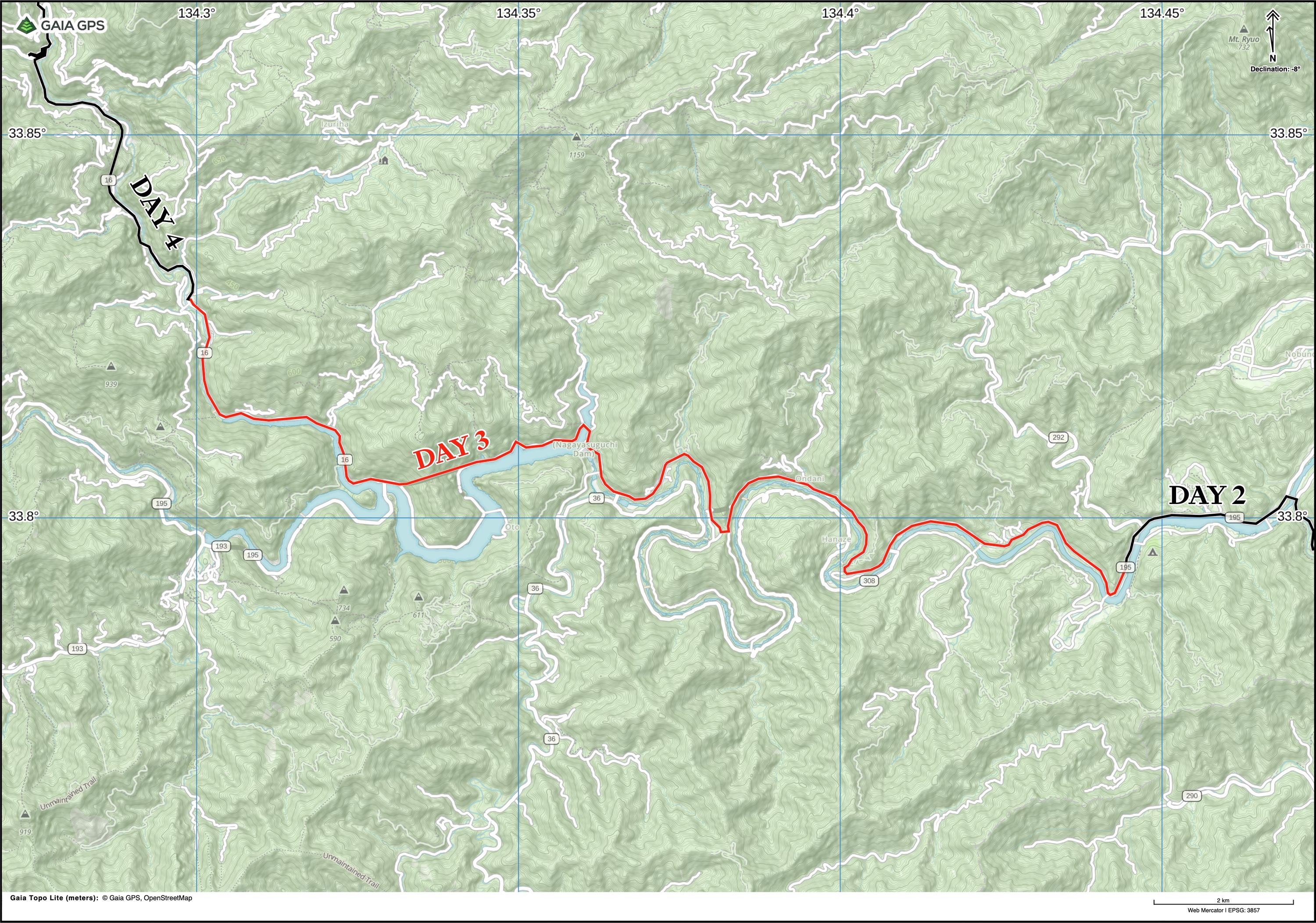 Map of Tokushima Prefecture with author’s route between Momijigawa Hot Spring and Kisawa highlighted.