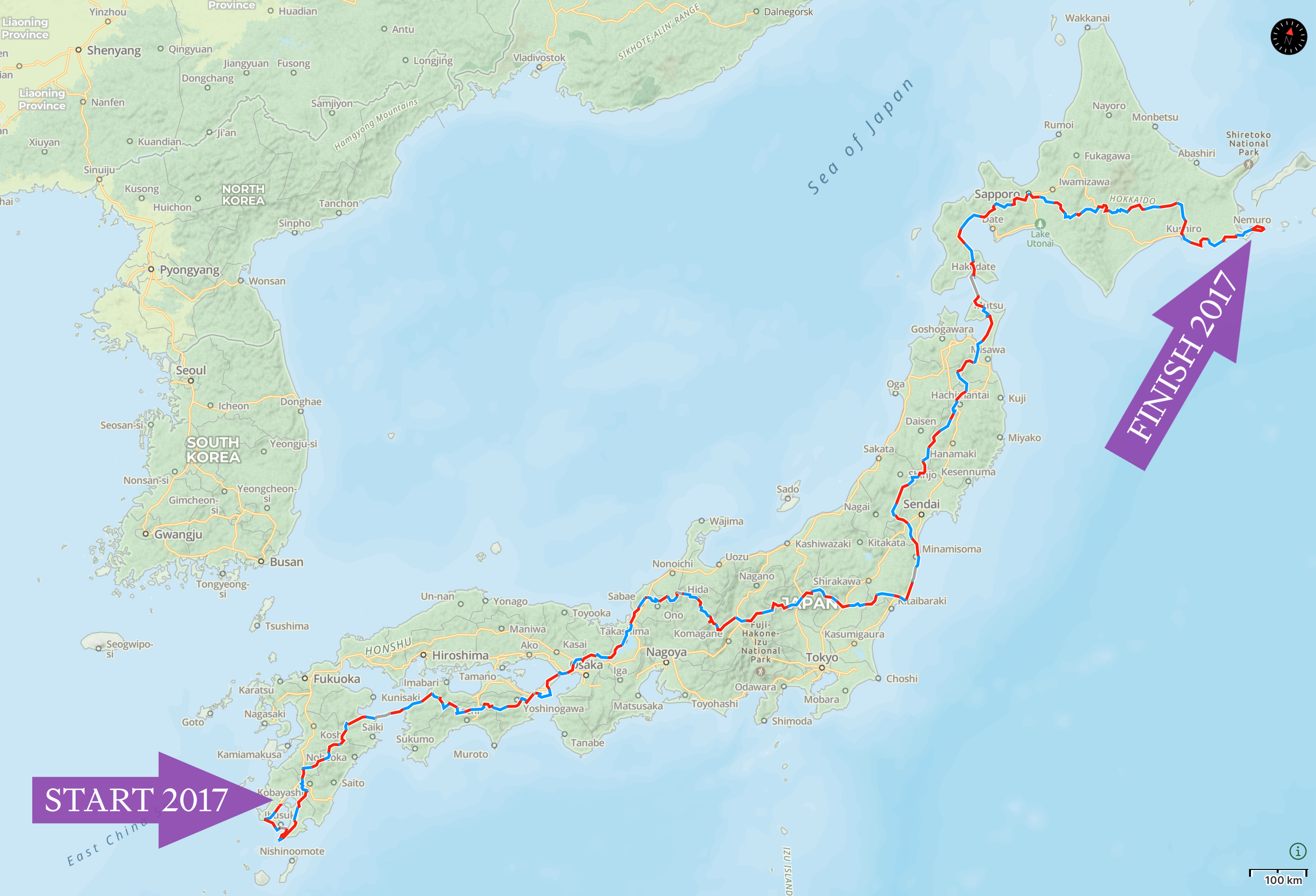 Map of Japan with the route I walked in 2017 highlighted.