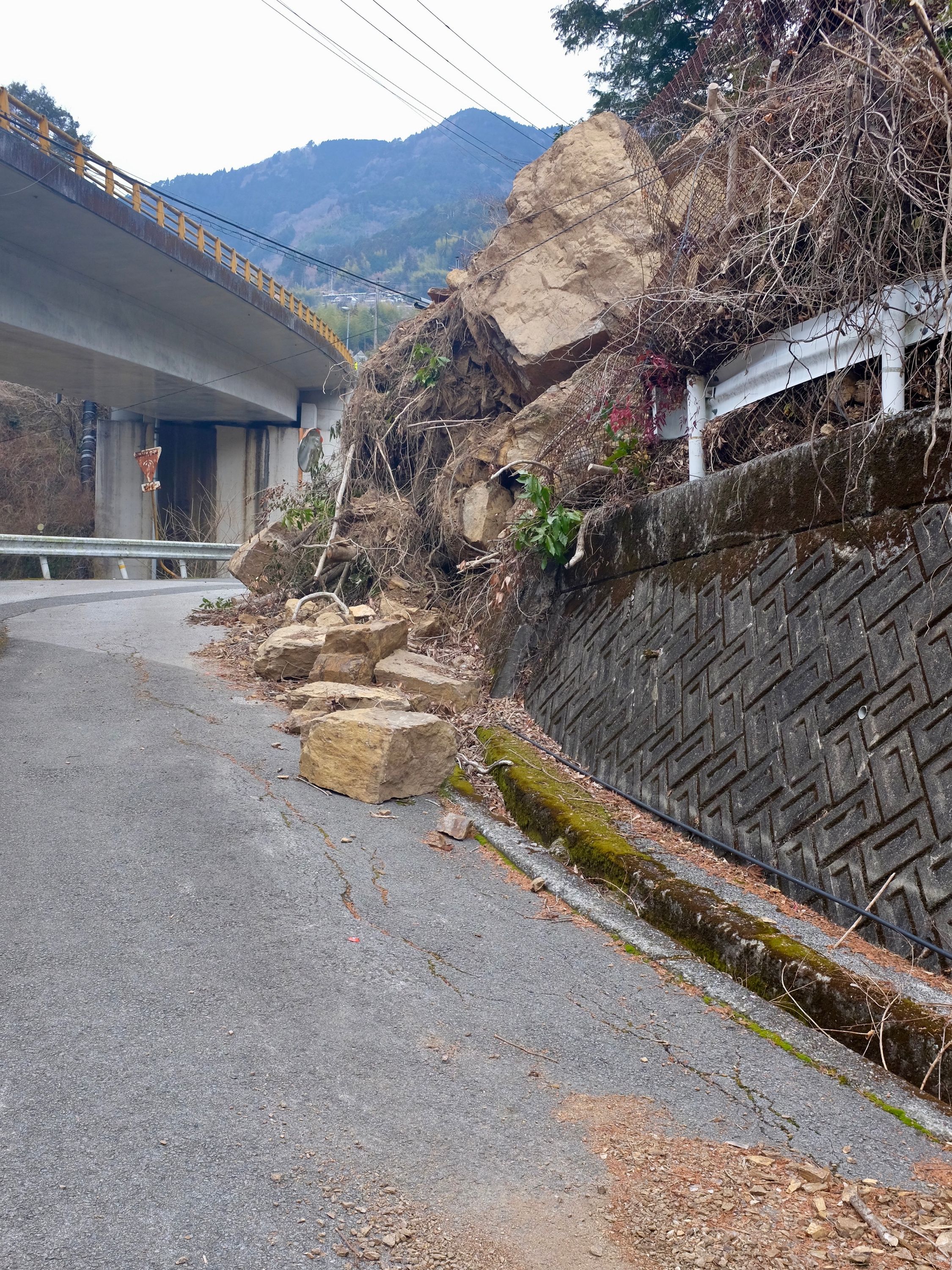 A rockfall partially blocks an old mountain road.