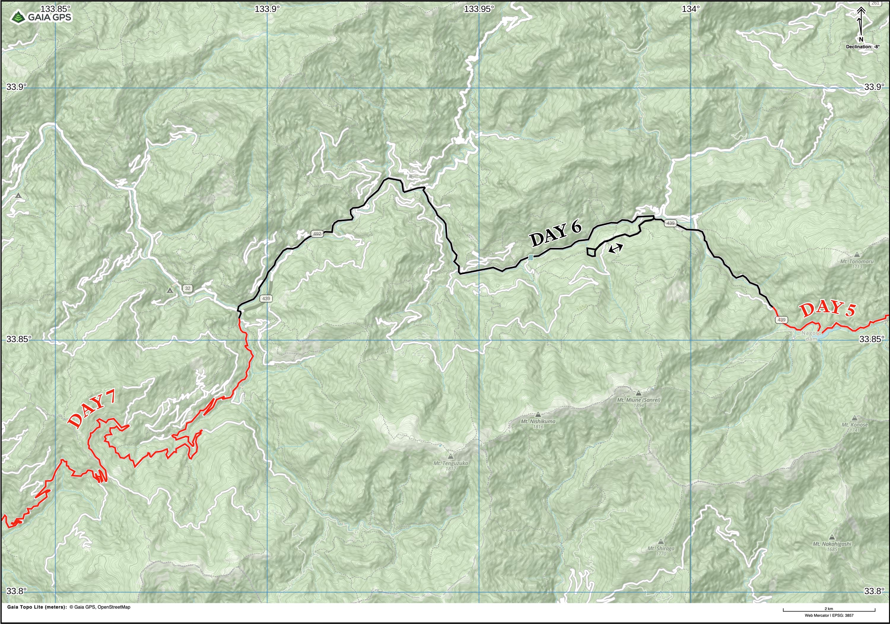 Map of Tokushima Prefecture with author’s route between Nagoro and Niiya highlighted.