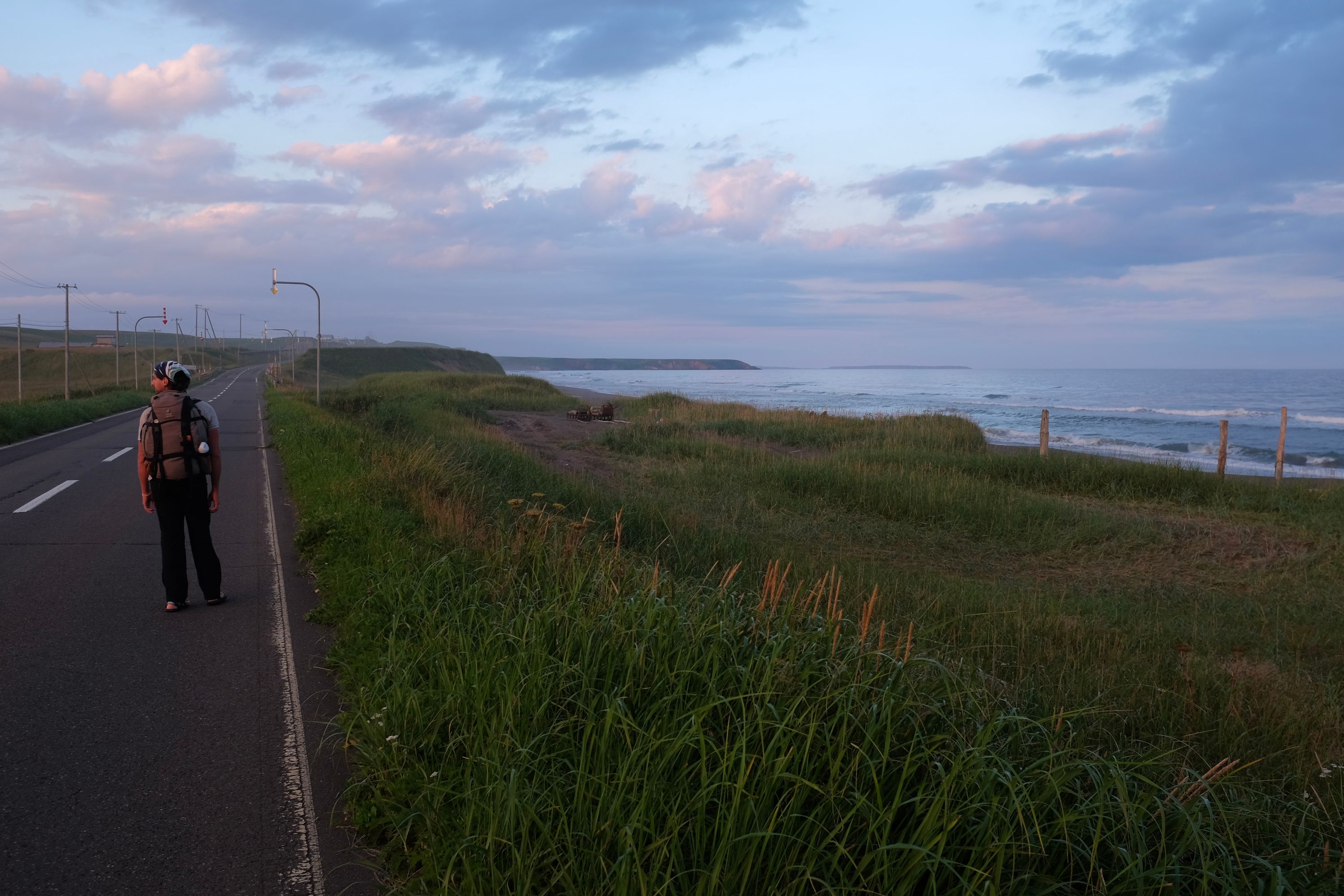 Gabor walks on a narrow road running parallel with a wild Pacific beach.