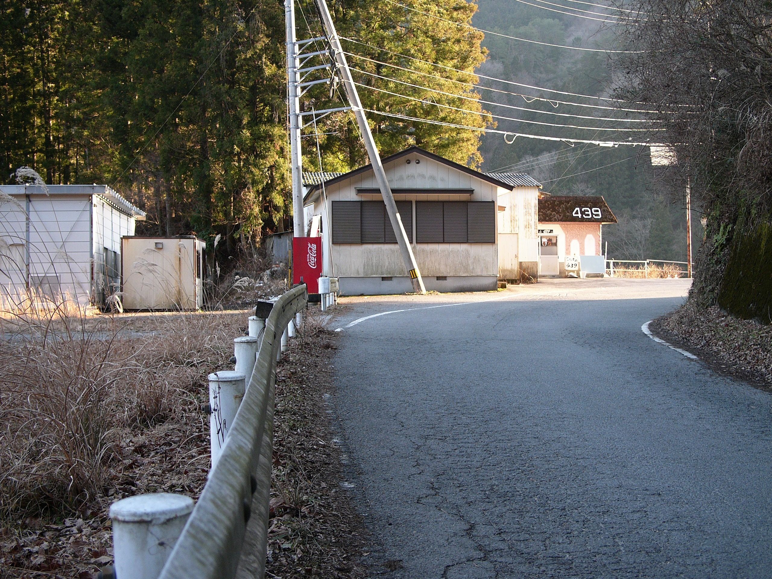 A roadside café in a bend in the road lit by the afternoon sun.