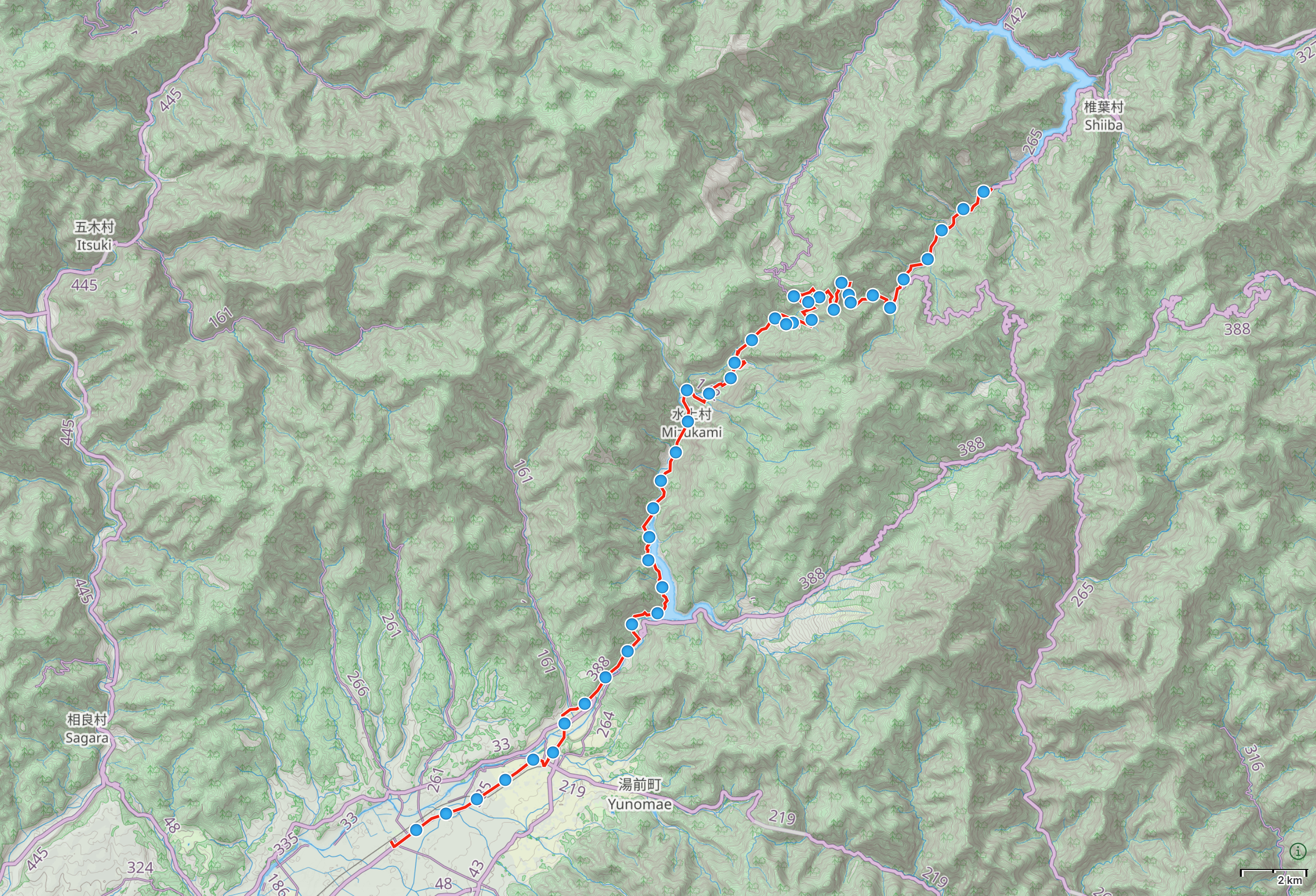 Map of Central Kyushu with author’s route from Taragi, Kumamoto to Shiiba, Miyazaki highlighted.