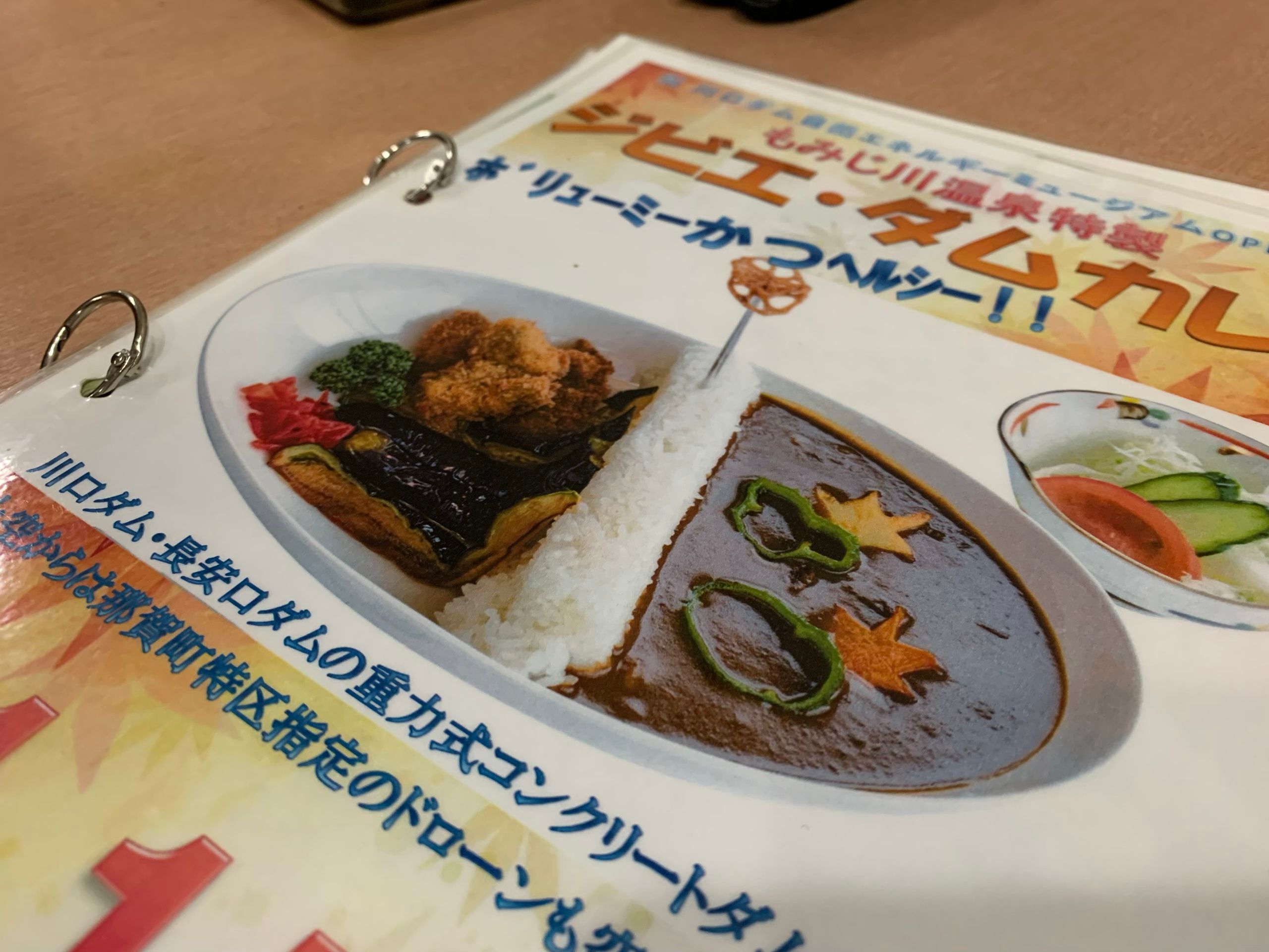 A menu in a restaurant shows a bowl of Japanese curry plated to resemble a dammed lake.