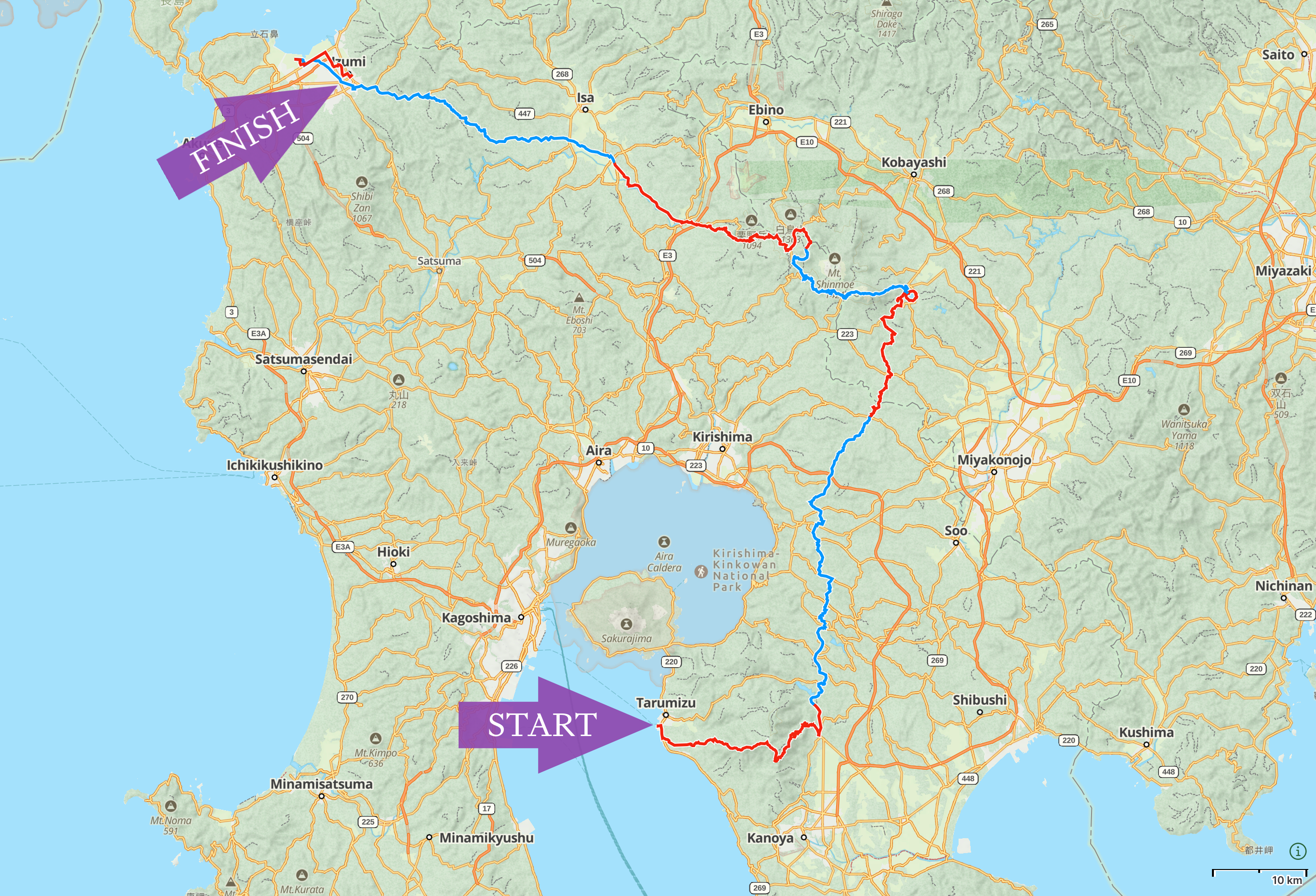 Map of South Kyushu with the route I walked in 2015 highlighted.