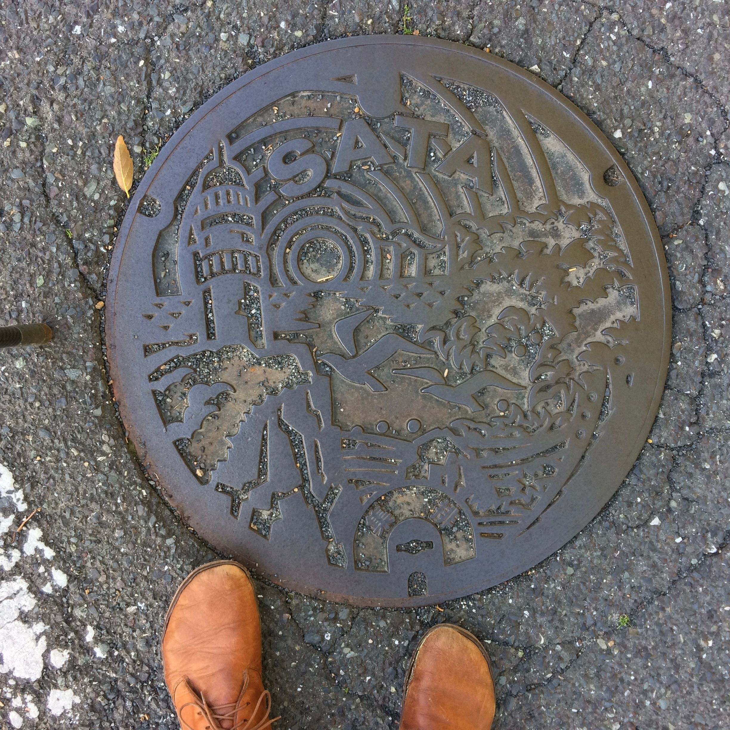 Manhole cover showing the lighthouse at Cape Sata, the southernmost point of the Japanese mainland.