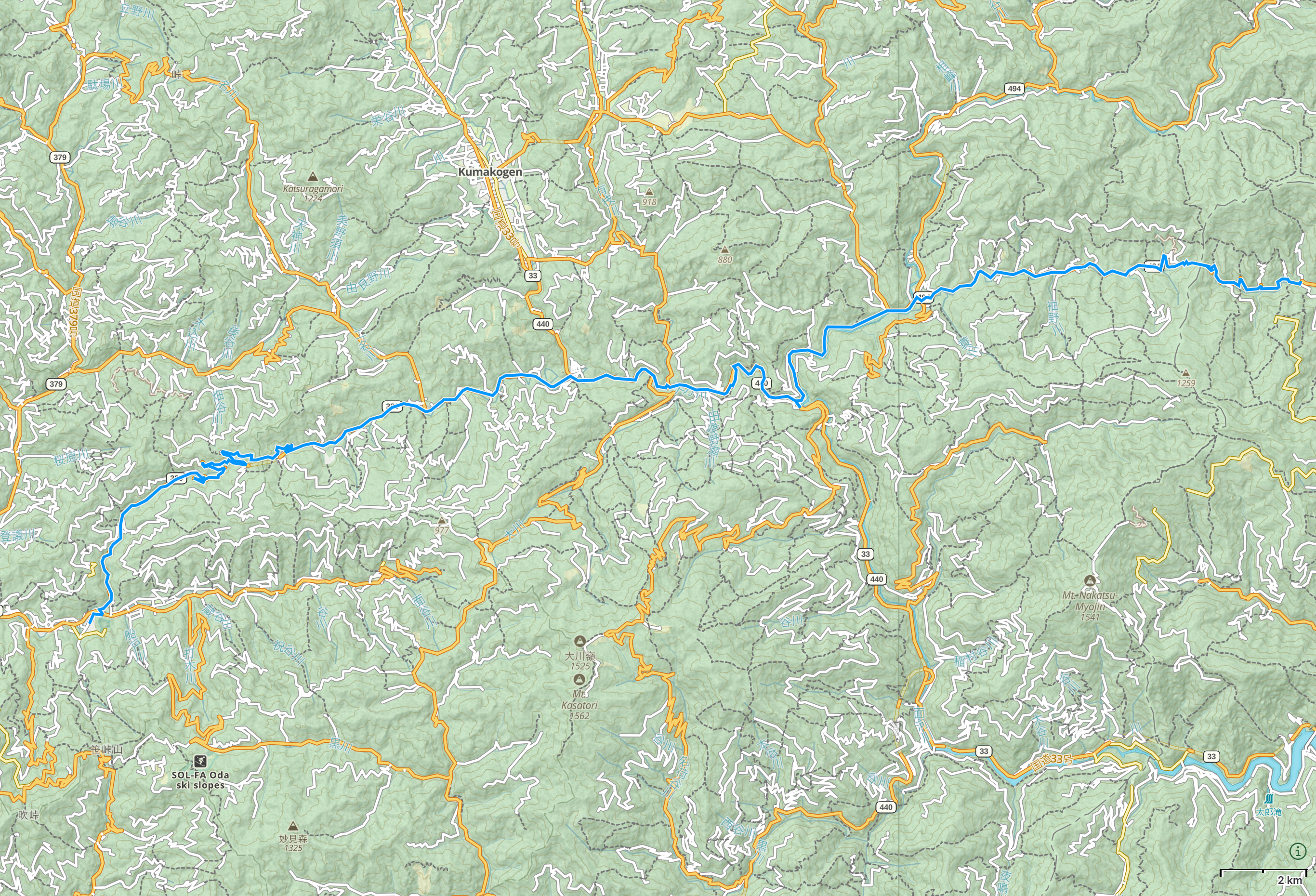 Map of Kōchi and Ehime Prefectures with author’s route between Mochii and Oda highlighted.