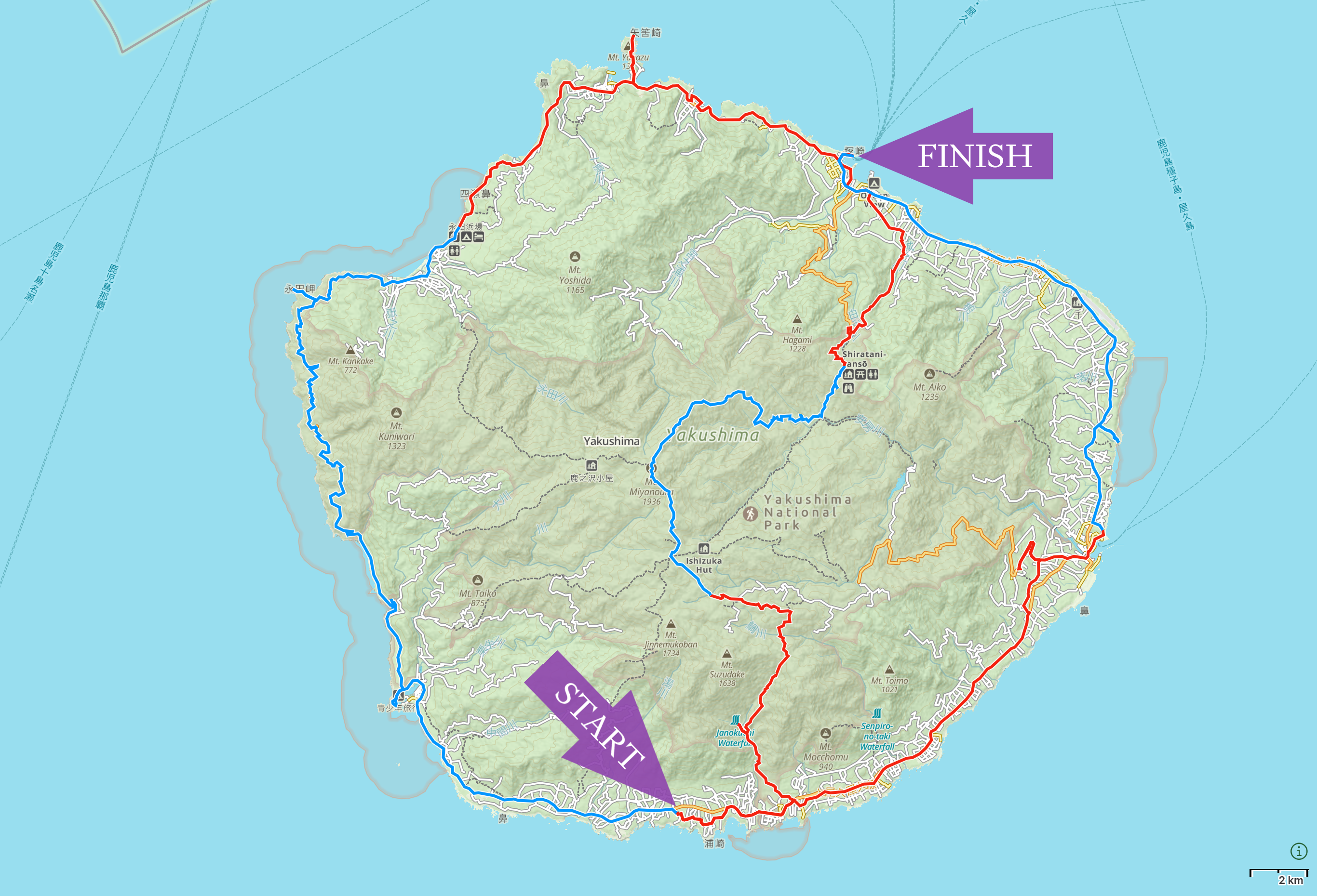 Map of Yakushima with the route I walked in 2015 highlighted.