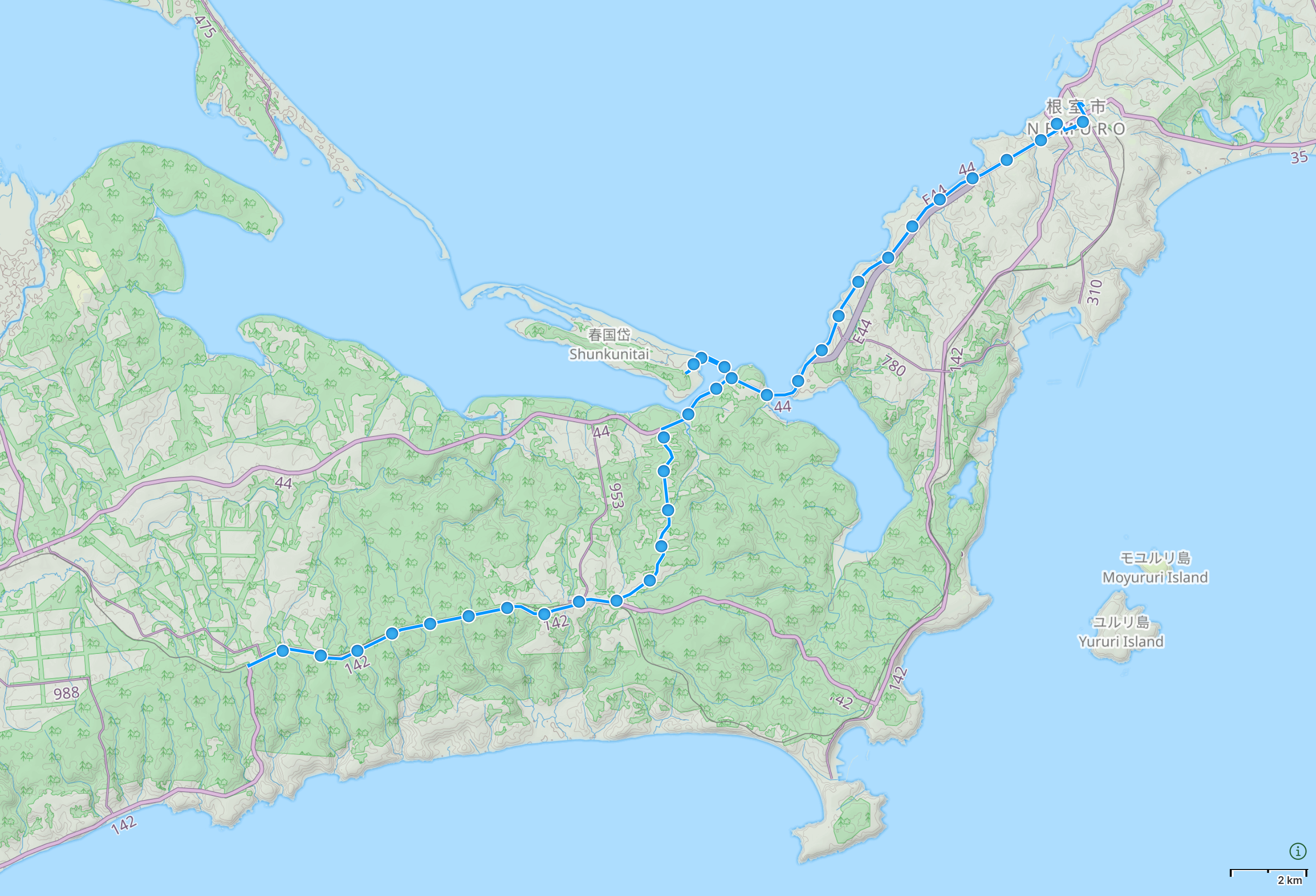 Map of Hokkaido with author’s route from Hattaushi Station to Nemuro highlighted.