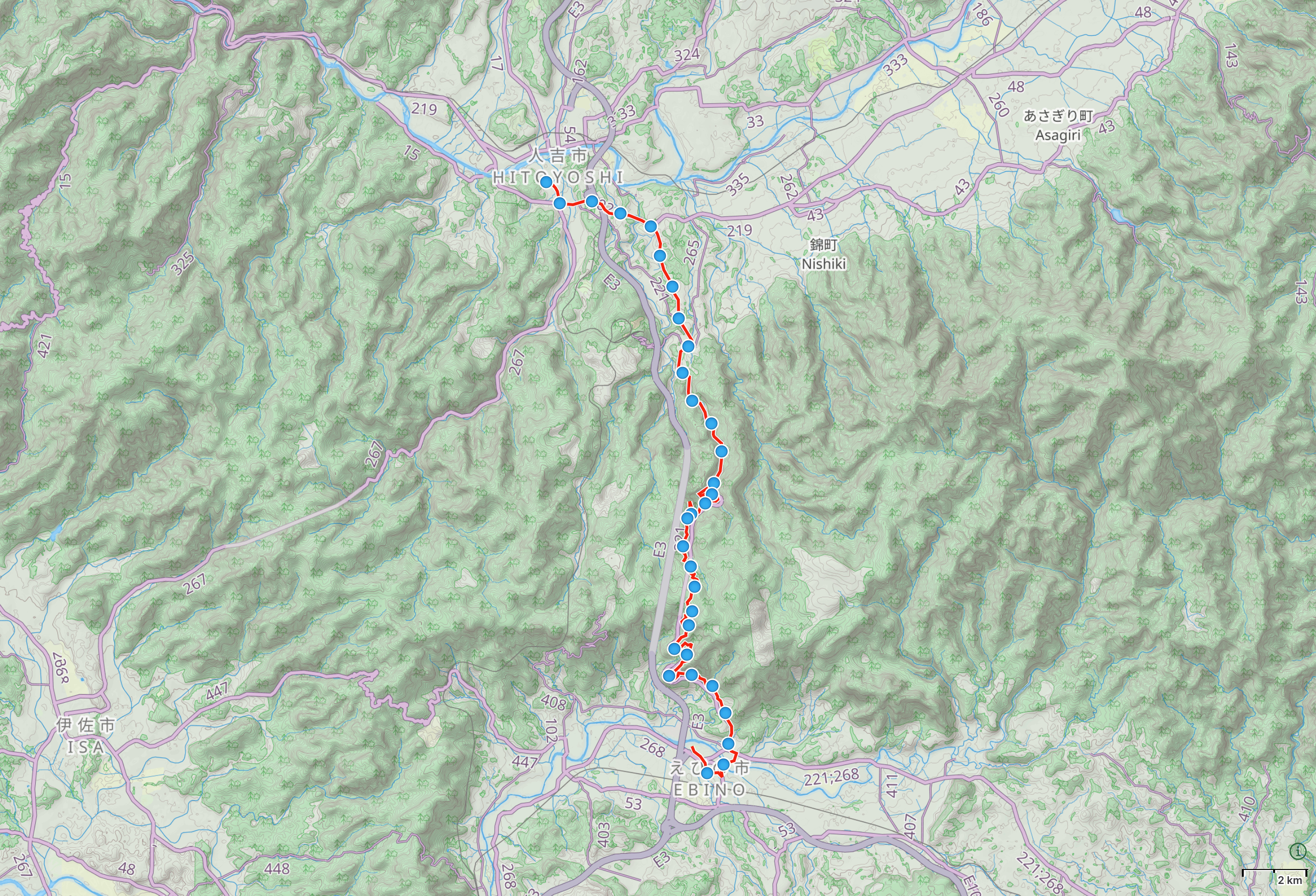 Map of Central Kyushu with author’s route from Kakutō, Miyazaki to Hitoyoshi, Kumamoto highlighted.