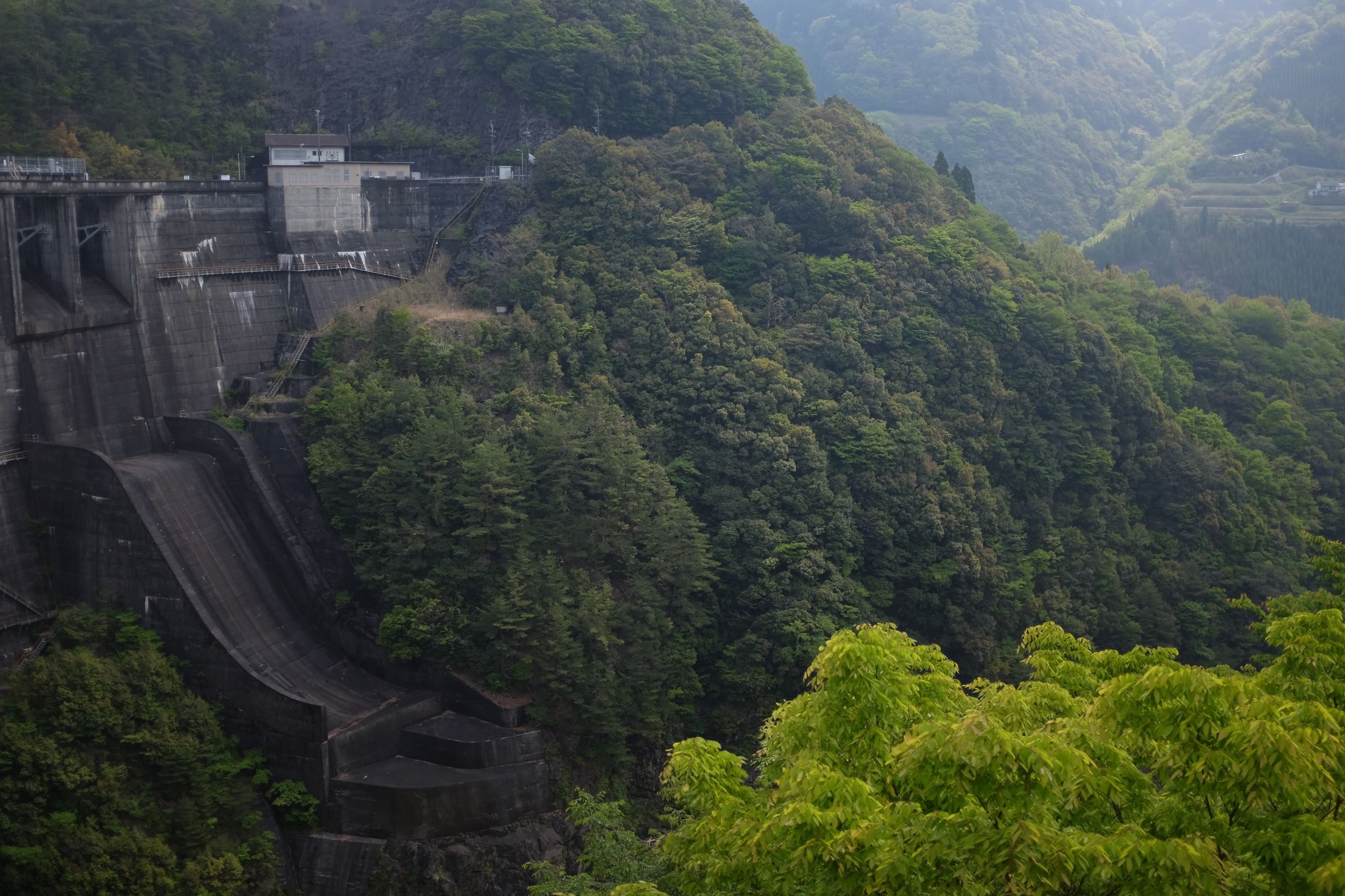 The spillway of an enormous black concrete dam in a thickly forested, very steep valley.