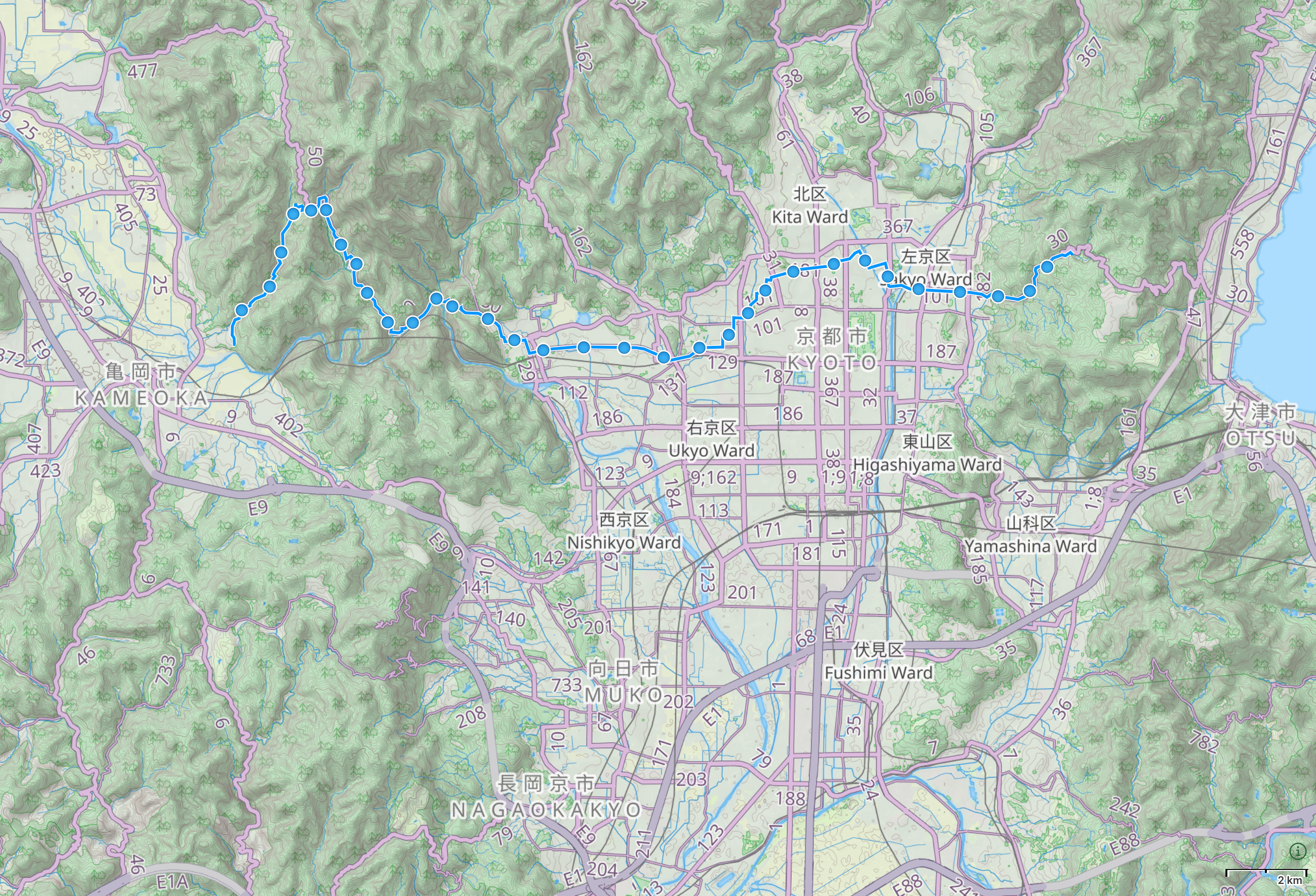 Map of the Kyōto area with author’s route between Kameoka, Kyōto and Otsu, Shiga highlighted.