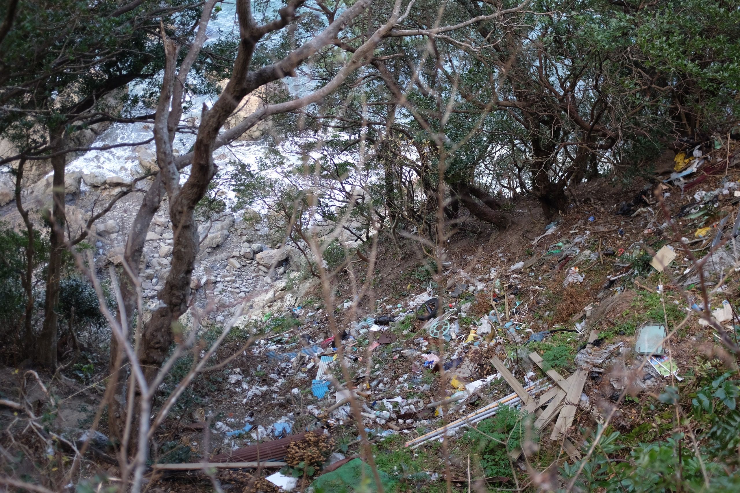 Trash covers the floor of a steep forest, with the sea visible behind the leaves.