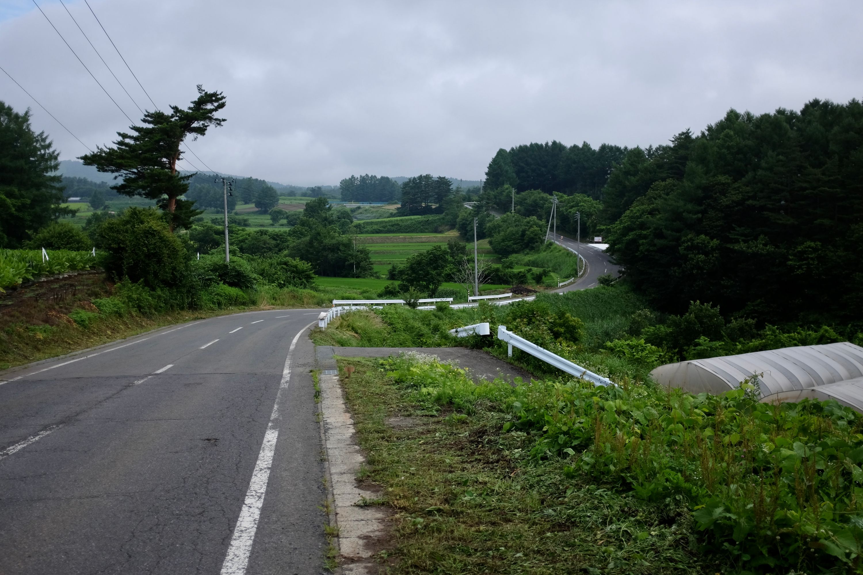 A road snakes into a hilly, agricultural landscape.