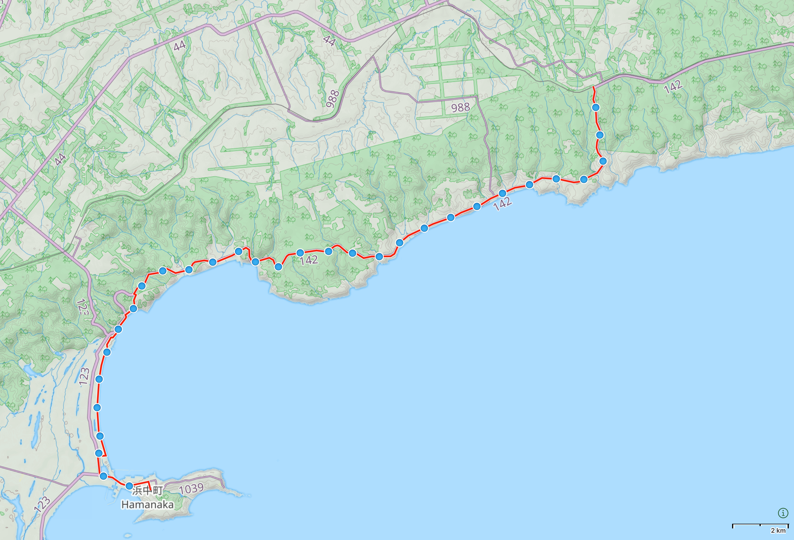 Map of Hokkaido with author’s route from Hamanaka to Hattaushi Station highlighted.