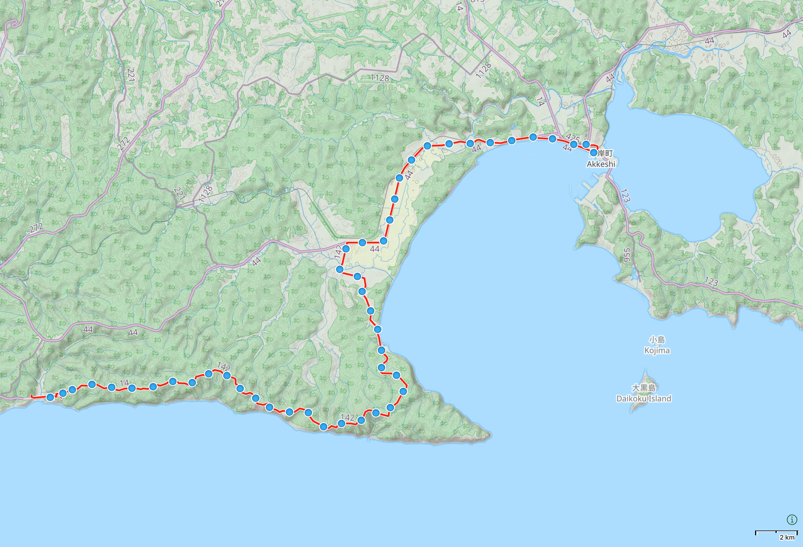 Map of Hokkaido with author’s route from Konbumori to Akkeshi highlighted.