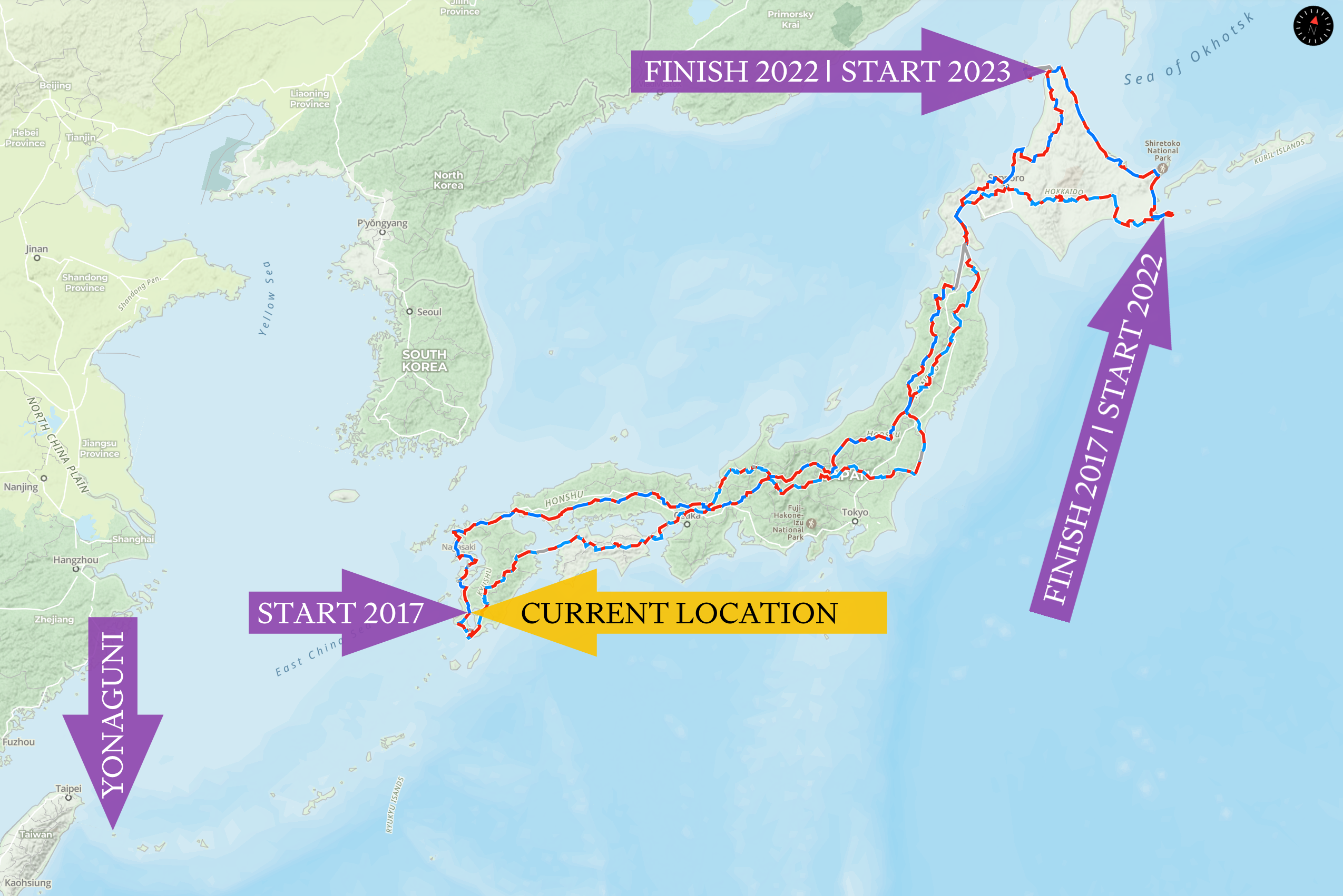 Map of Japan with my walking routes in 2017, 2022, and 2023 highlighted.