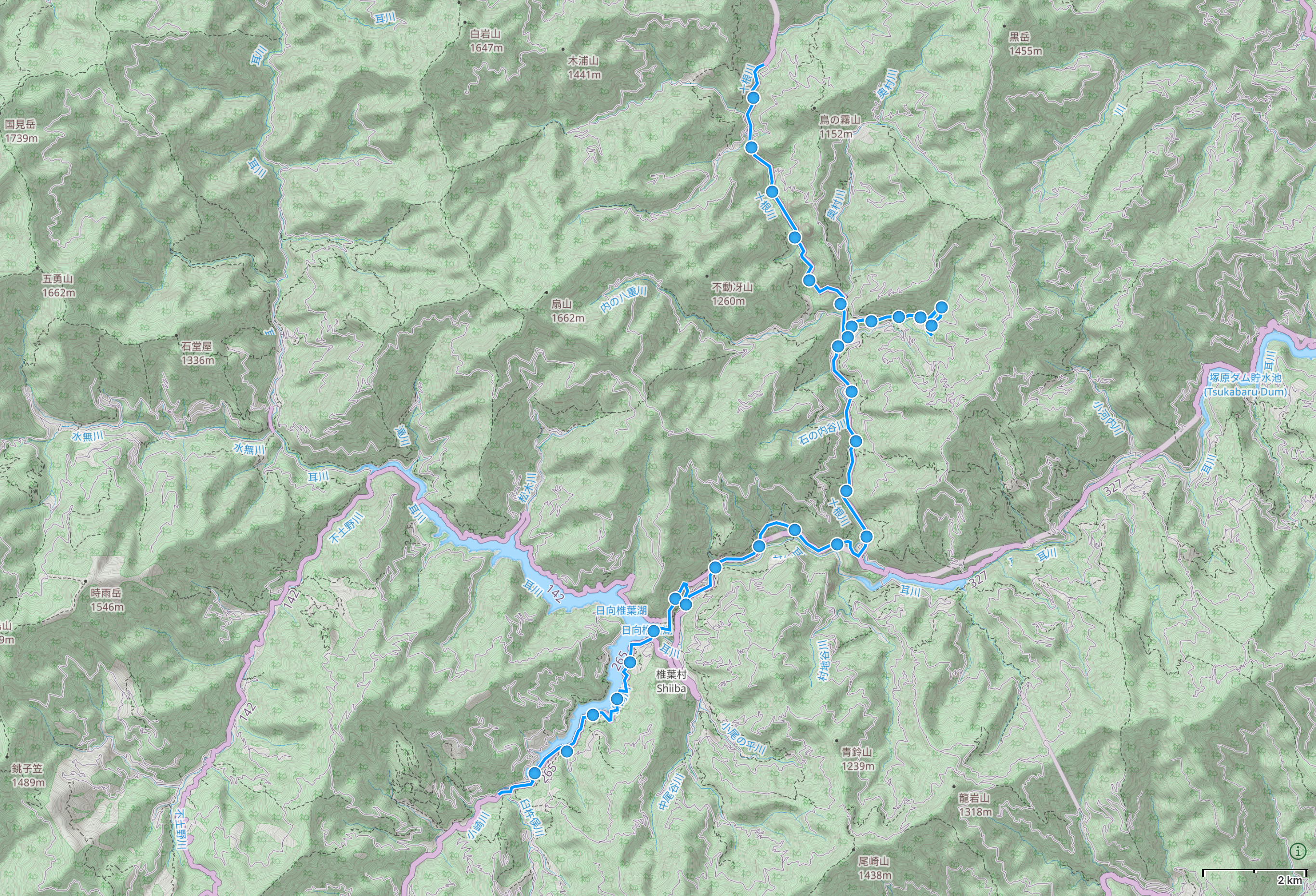 Map of Miyazaki with author’s route across the valleys of Shiiba highlighted.