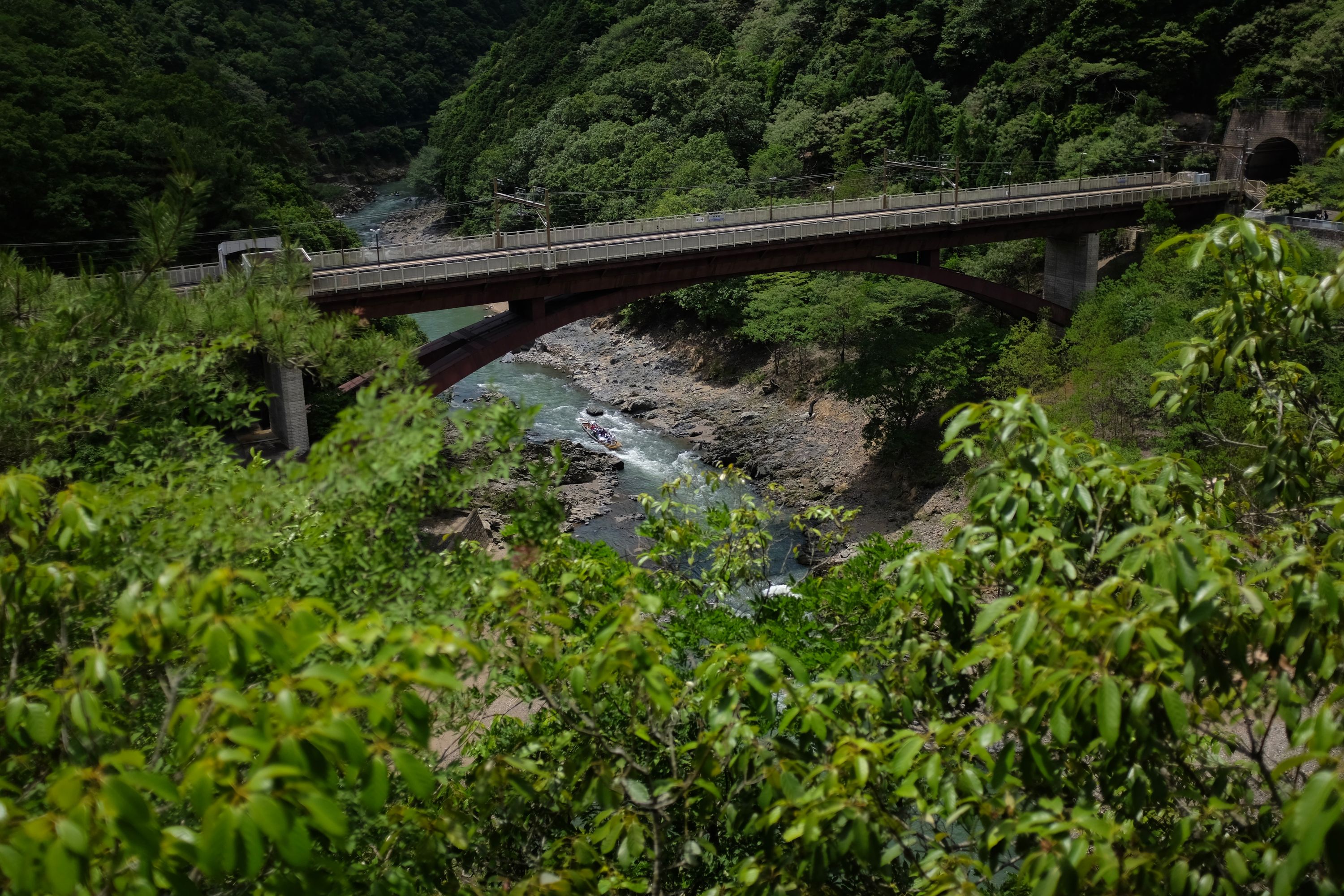 On a rapidly flowing river at the bottom of a narrow, forested gorge, a boat passes under a bridge which doubles as a train station.