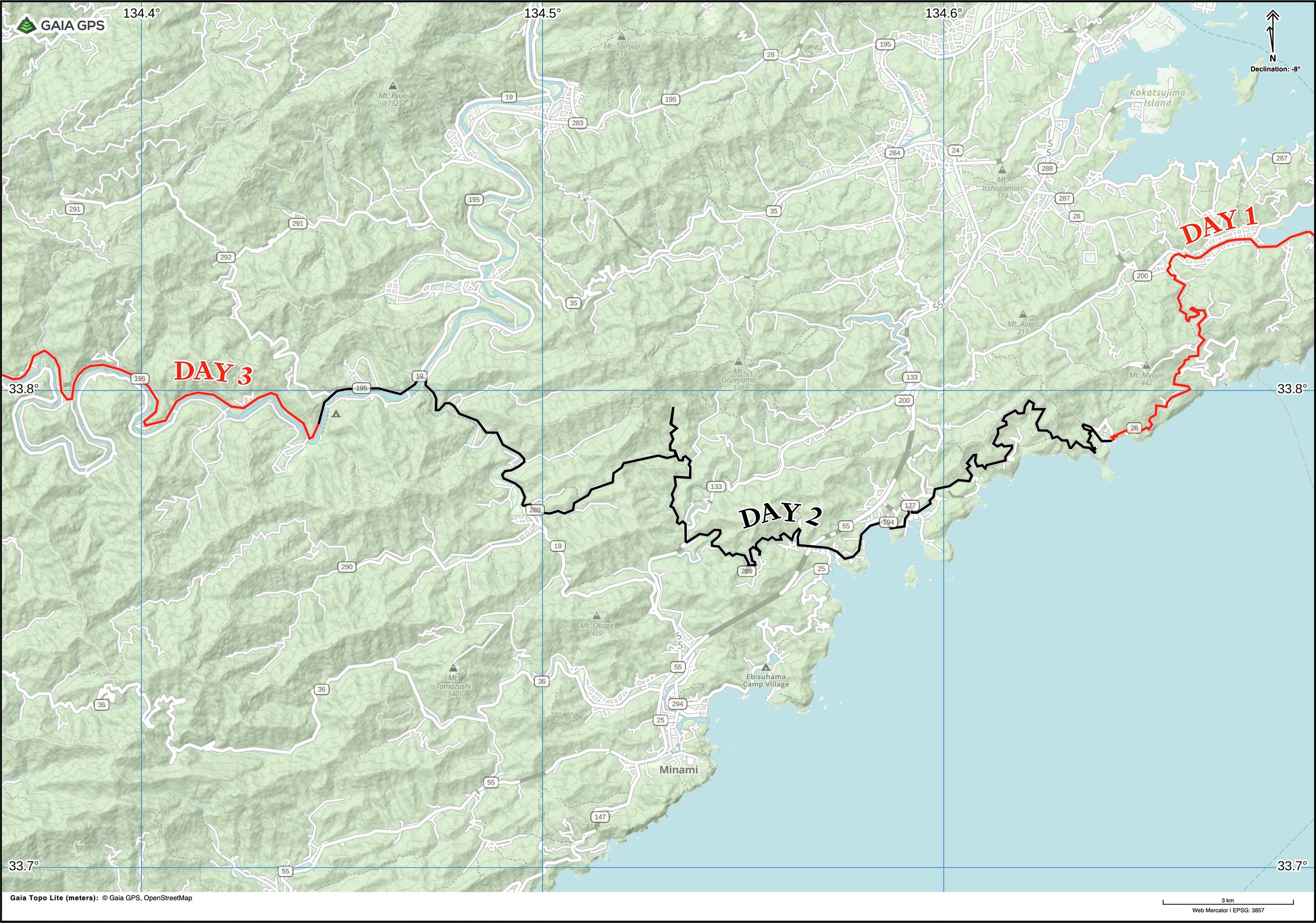 Map of Tokushima Prefecture with author’s route between Abu and Momijigawa Hot Spring highlighted.