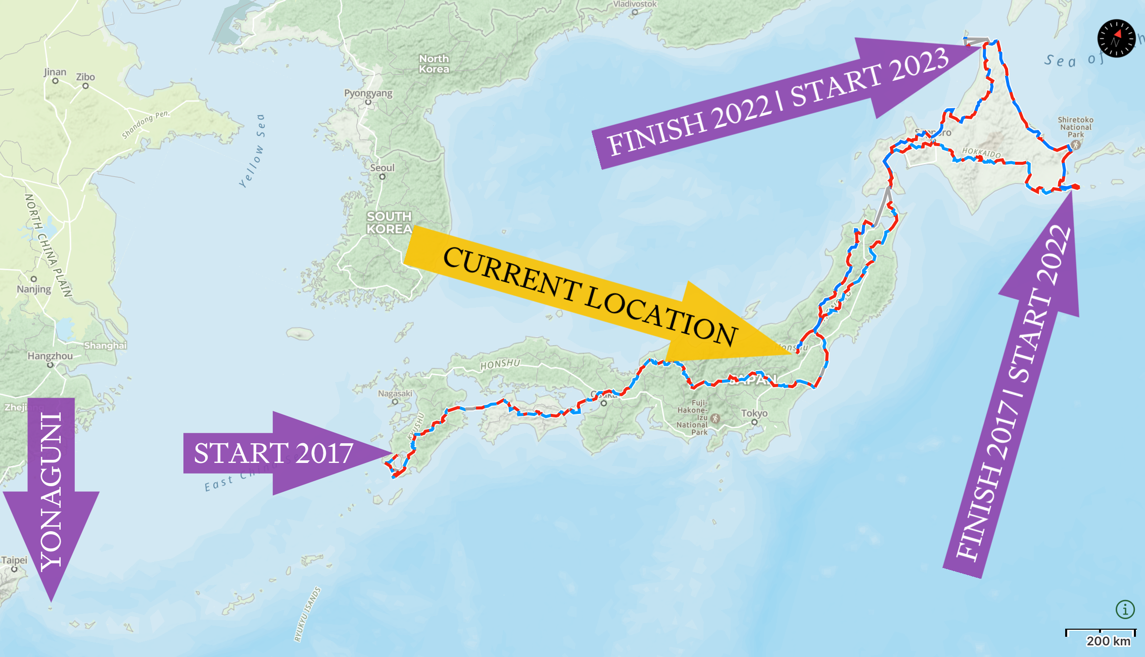 Map of Japan with my walking routes in 2017, 2022, and 2023 highlighted.