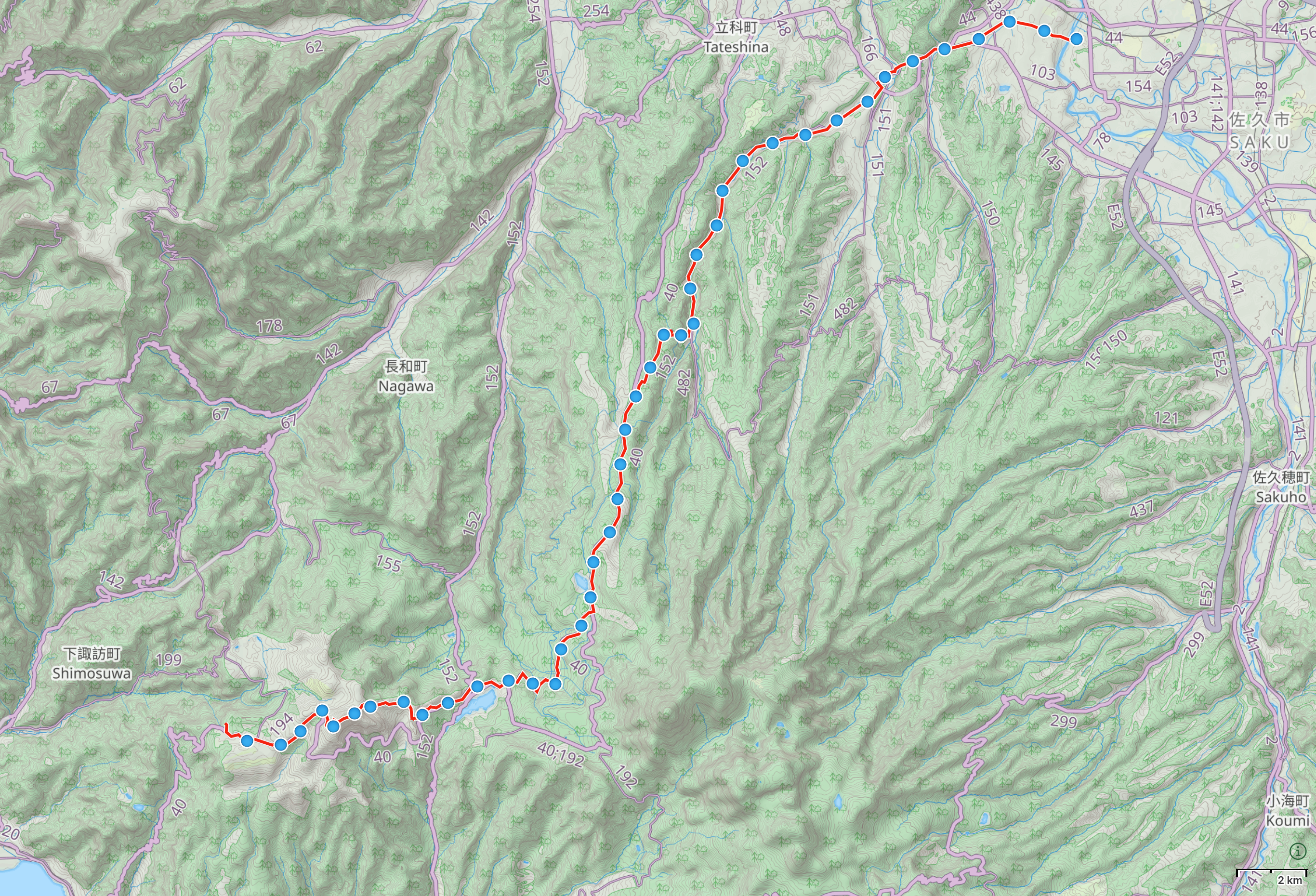 Map of Nagano with author’s route from Upper Suwa to Mochizuki highlighted.