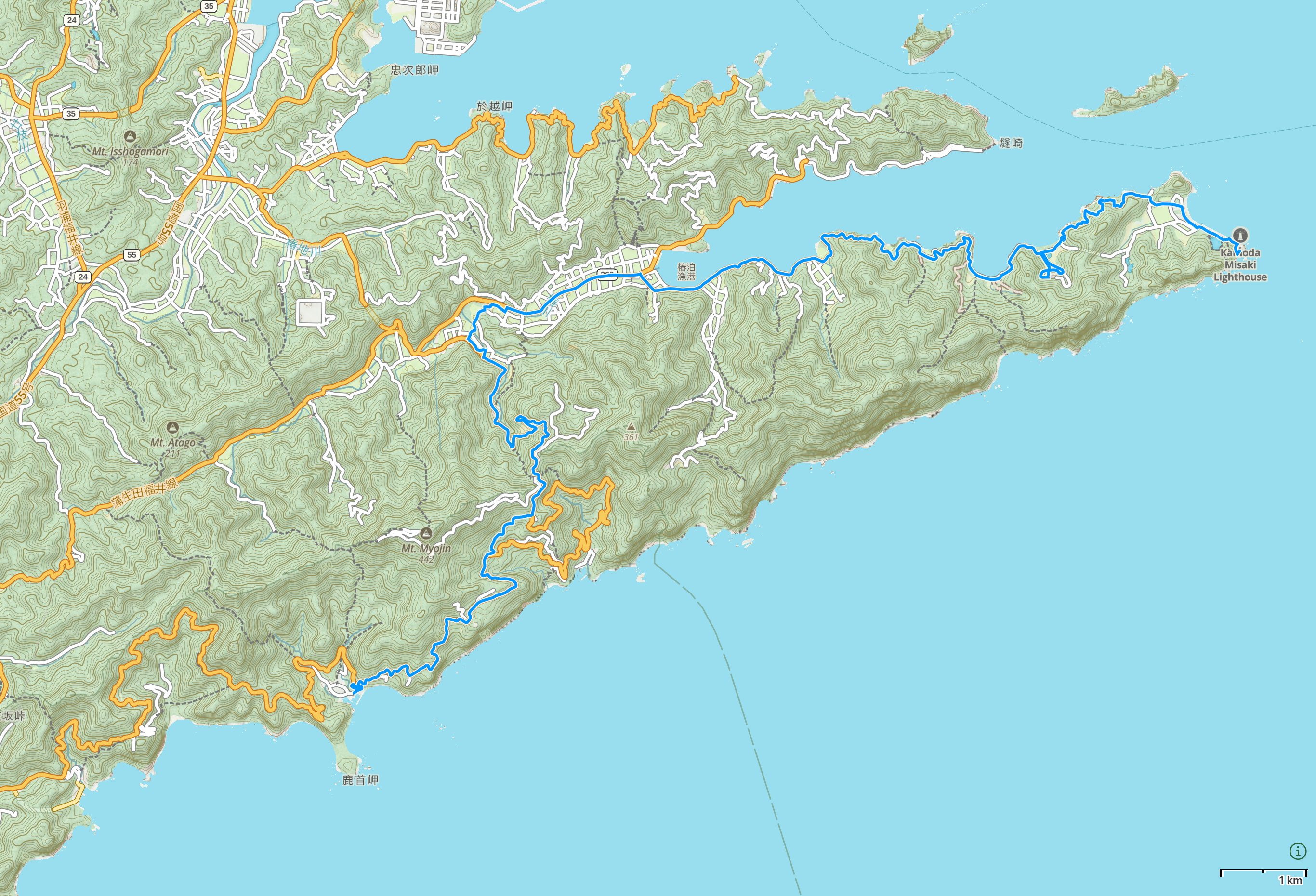 Map of Tokushima Prefecture with author’s route between Cape Gamōda and Abu highlighted.