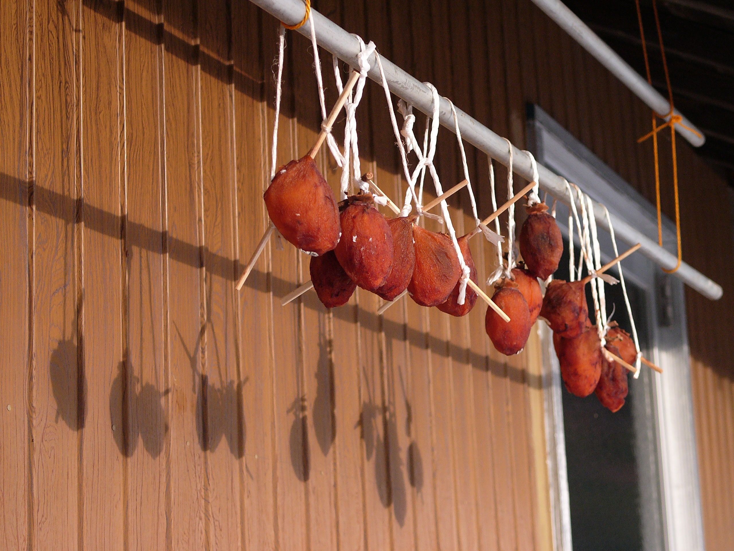 Dried persimmons hanging from a stick, with their shadows on the wall behind them.