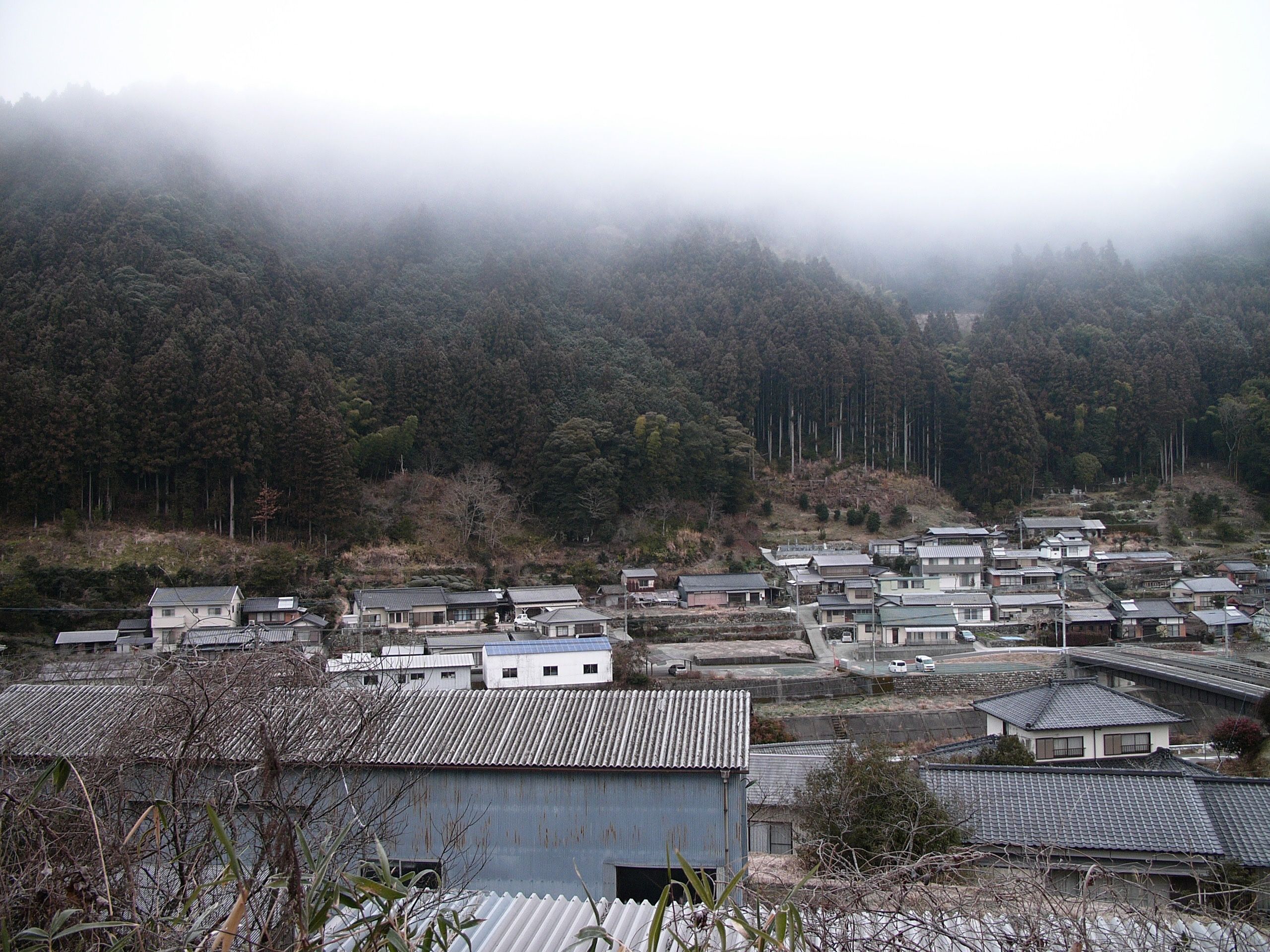 A Japanese village under a foggy winter sky.