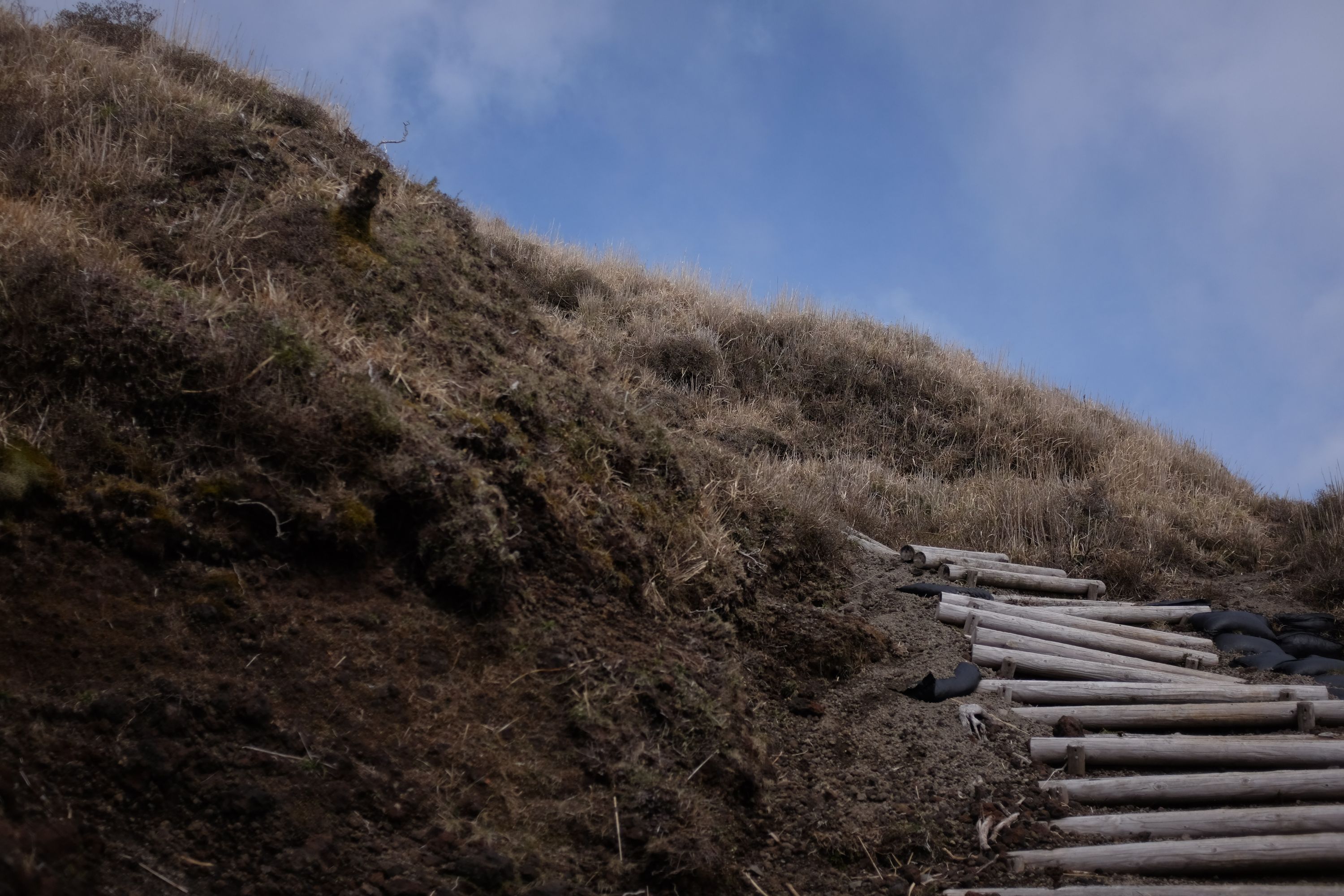 Wooden steps lead up the side of a mountain.
