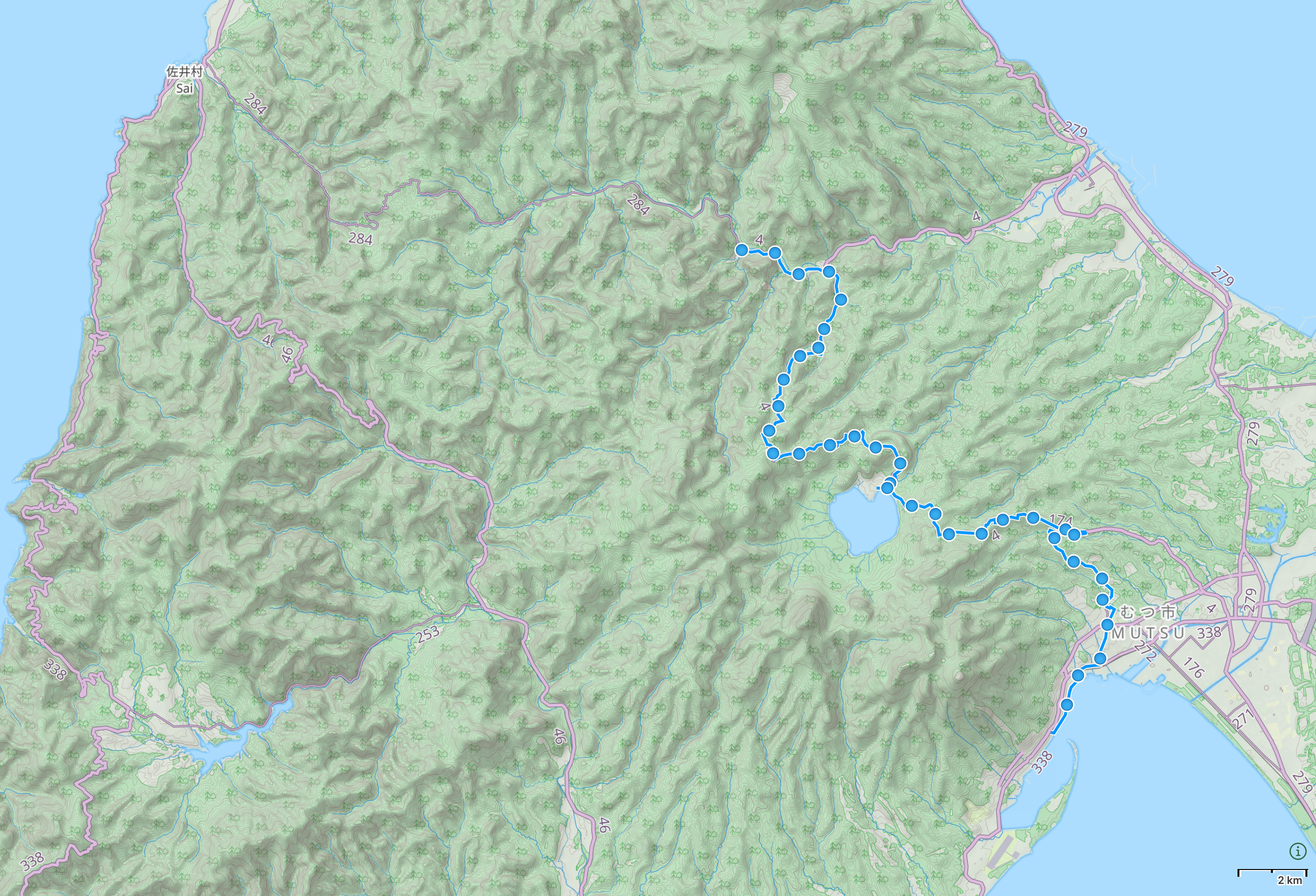 Map of Aomori prefecture with author’s route from Mutsu to Yagen Hot Spring highlighted.