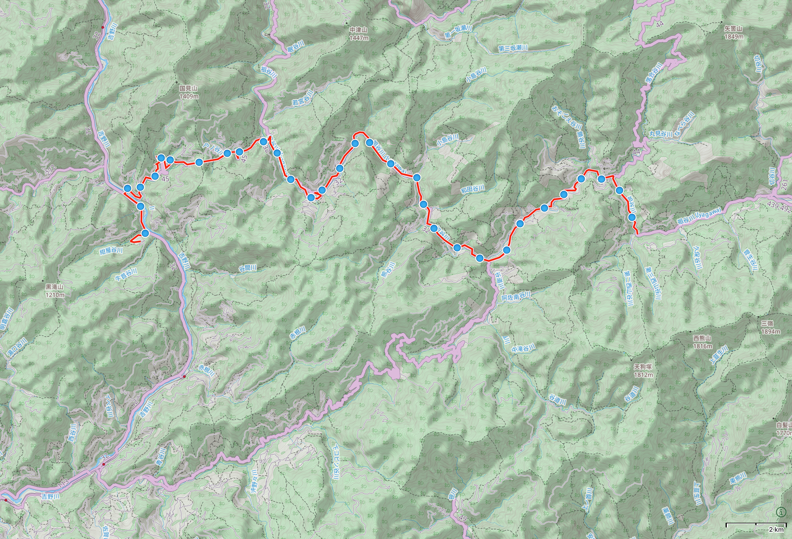 Map of Tokushima Prefecture with author’s route between Yamajiro and Kubo highlighted.