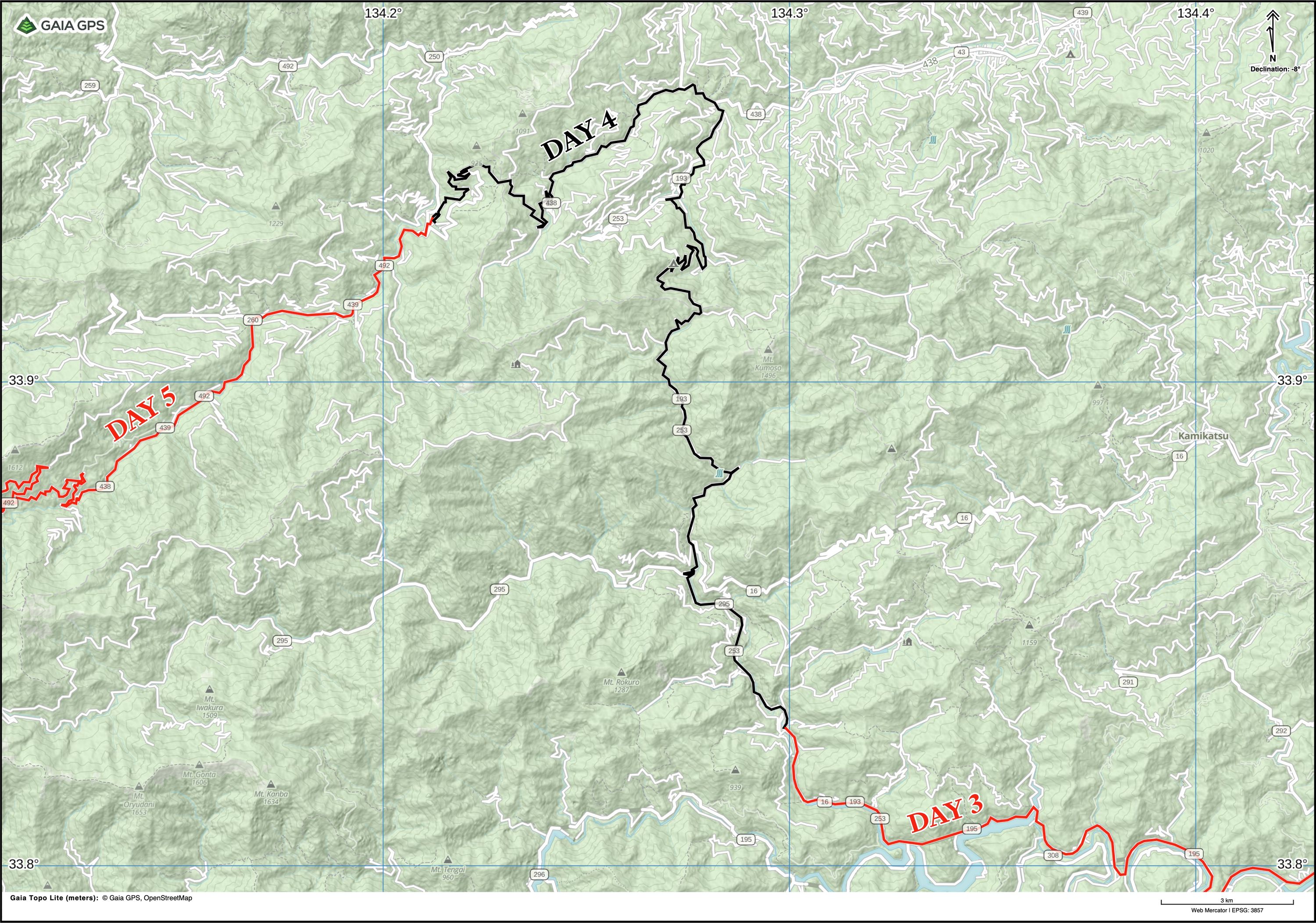 Map of Tokushima Prefecture with author’s route between Kisawa and Kawai highlighted.