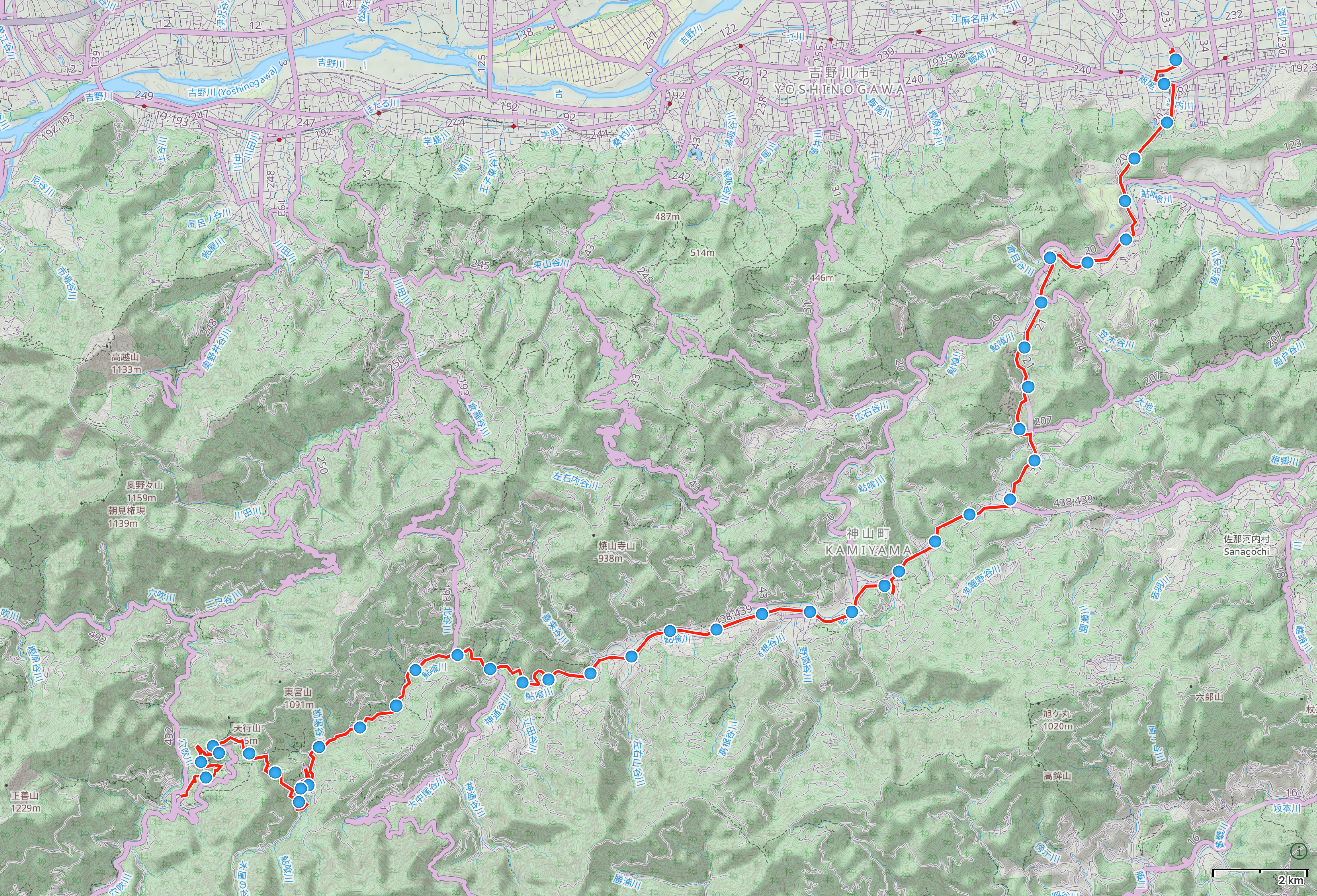 Map of Tokushima Prefecture with author’s route between Kawai and Ishii highlighted.