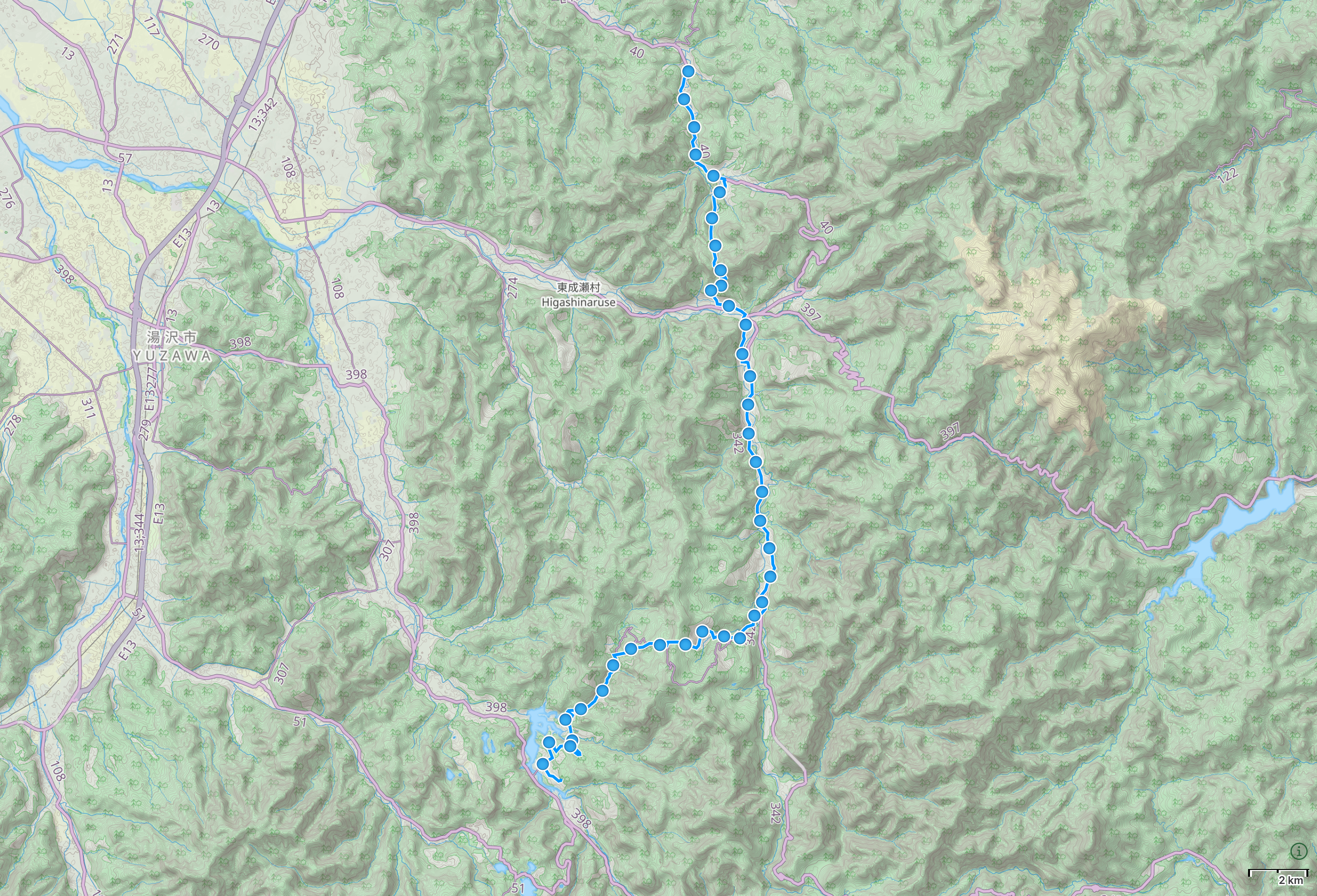 Map of Akita prefecture with author’s route from Minase to Sannai highlighted.