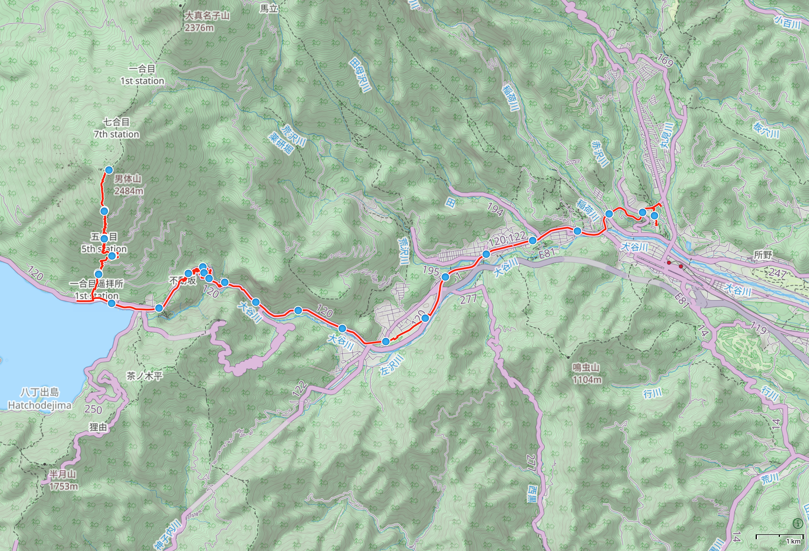 Map of Tochigi with author’s route from Lake Chūzenji to Nikkō highlighted.