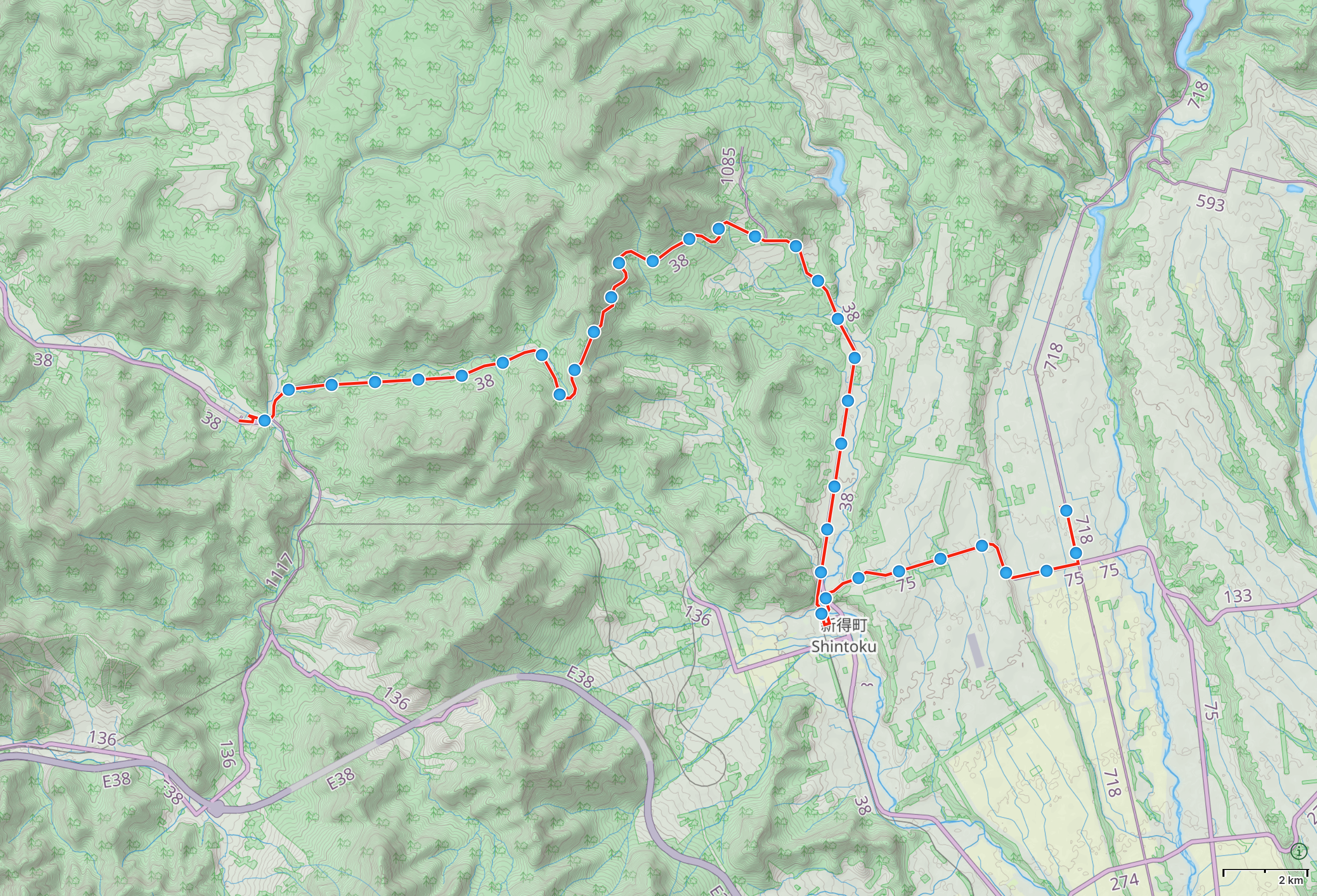 Map of Hokkaido with author’s route from Ochiai, South Furano to Shintoku highlighted.