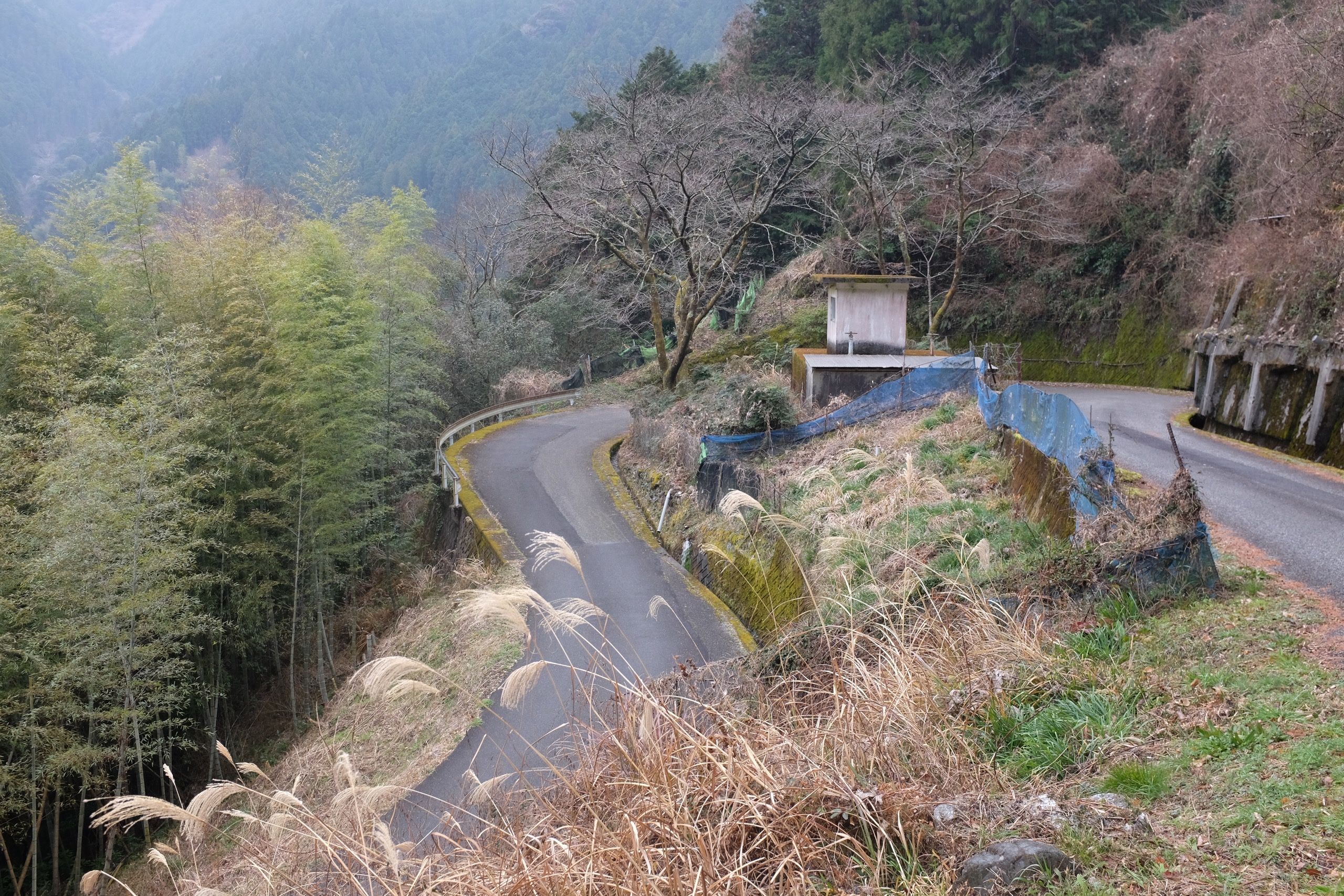 A narrow road makes a U-turn down a hillside.