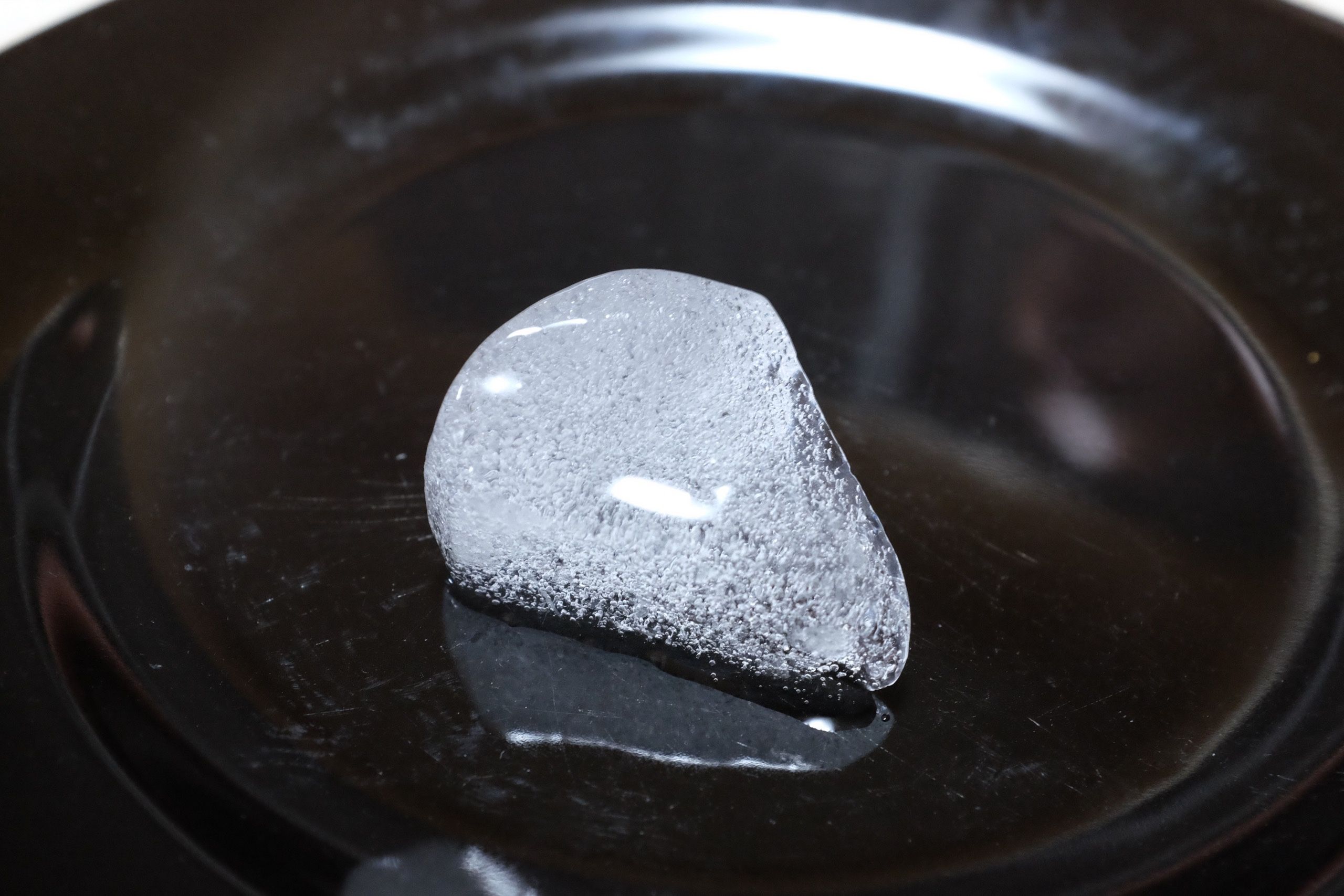 An ice cube shaped like the skull of a bird on a black plate.