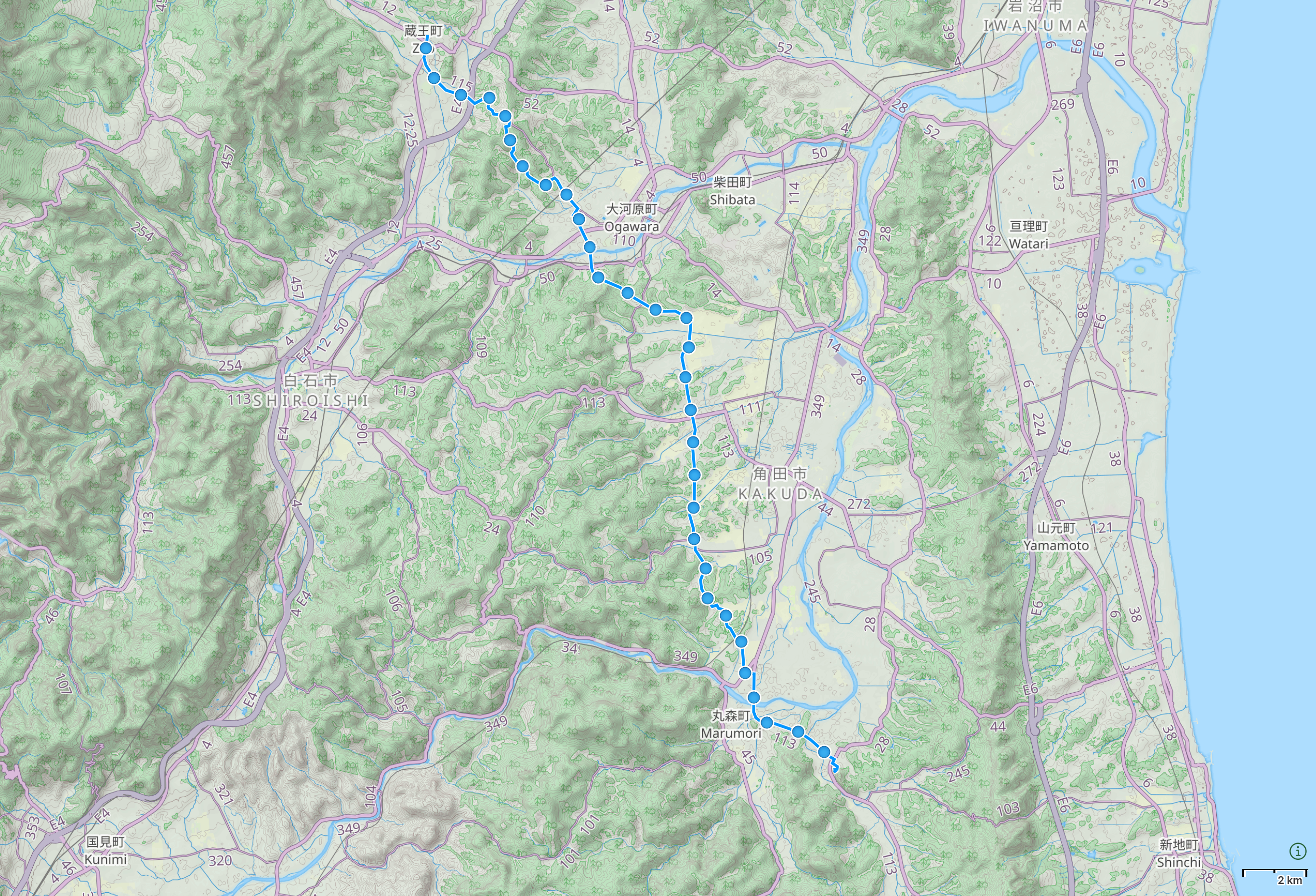 Map of Miyagi prefecture with author’s route from Marumori to Zaō highlighted.