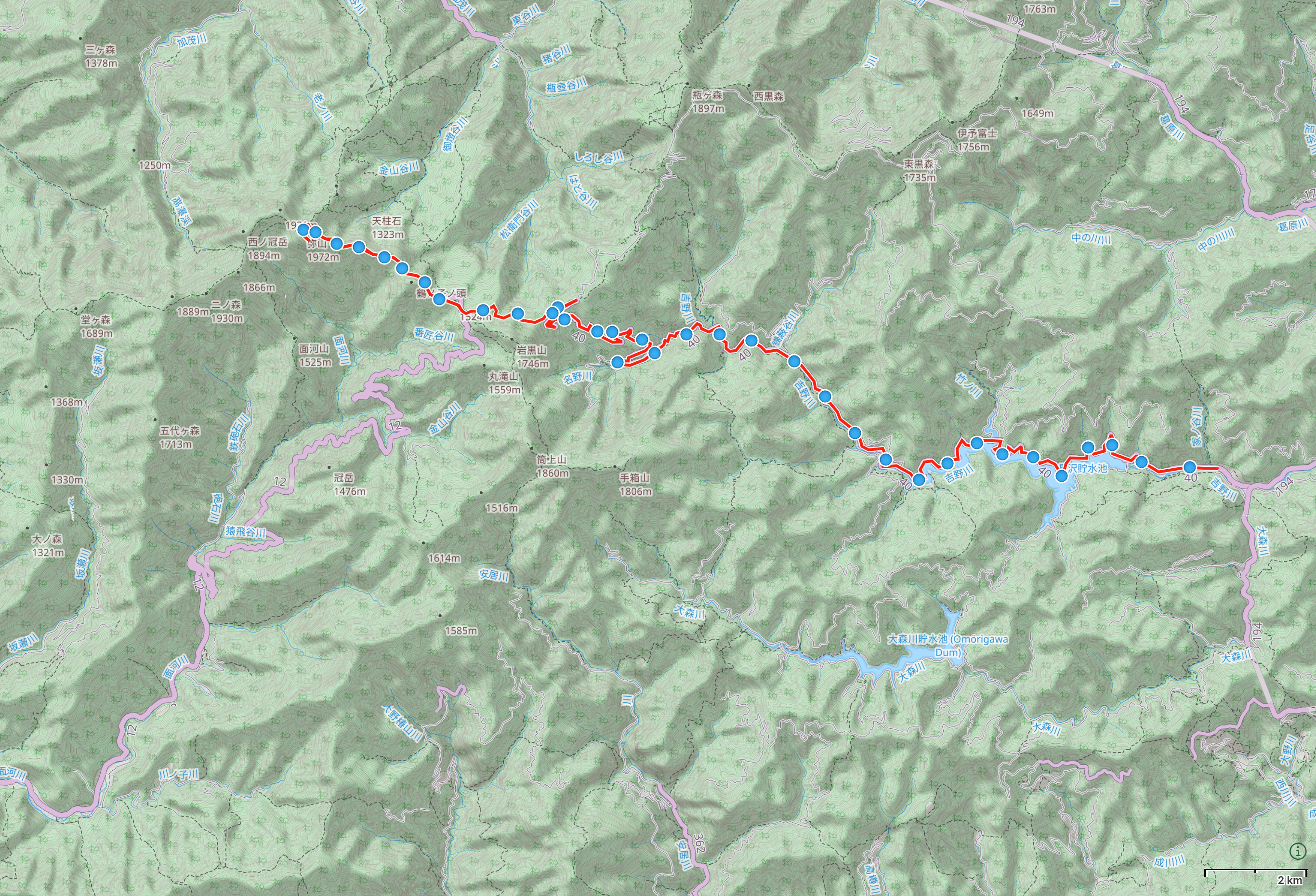 Map of Ehime and Kōchi Prefectures with author’s route between Tsuchigoya and Nagasawa highlighted.