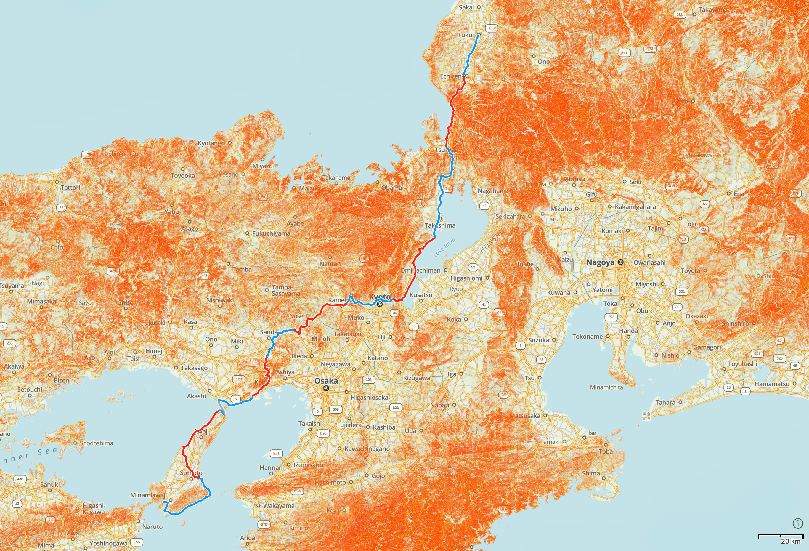 Map of Awaji Island and Kansai with the route of “These Walking Dreams” highlighted.