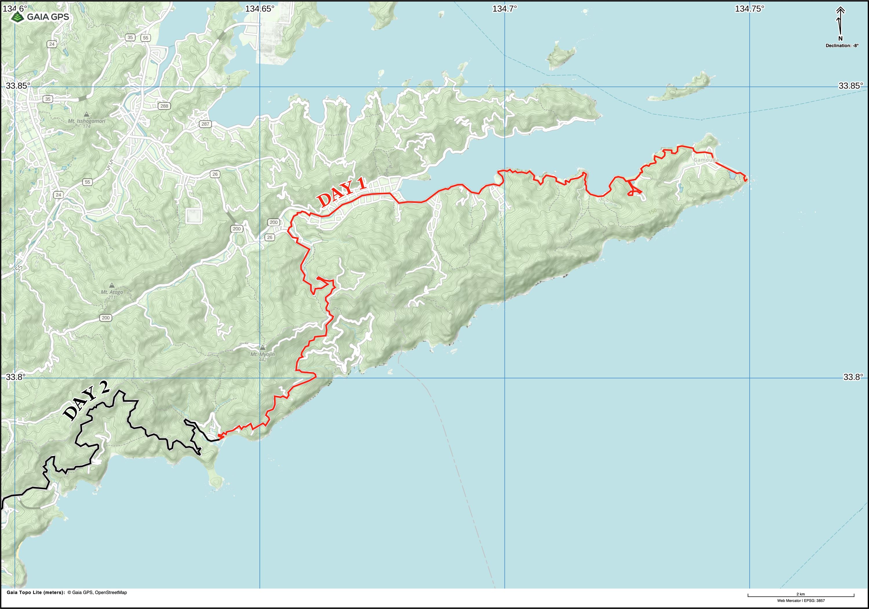 Map of Tokushima Prefecture with author’s route between Cape Gamōda and Abu highlighted.