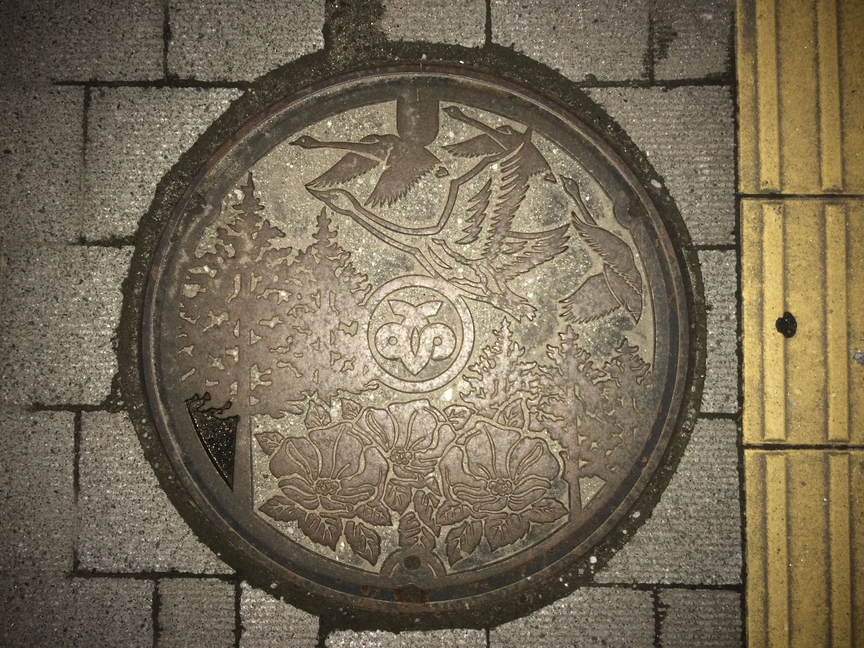 A manhole cover shows a flock of wild geese flying above a forest.