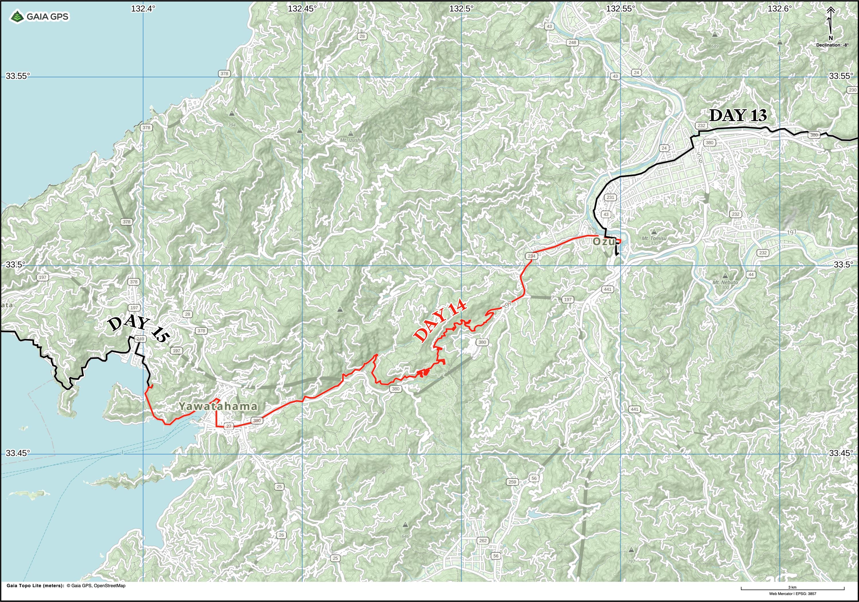 Map of Ehime Prefecture with author’s route between Ōzu and Honai highlighted.