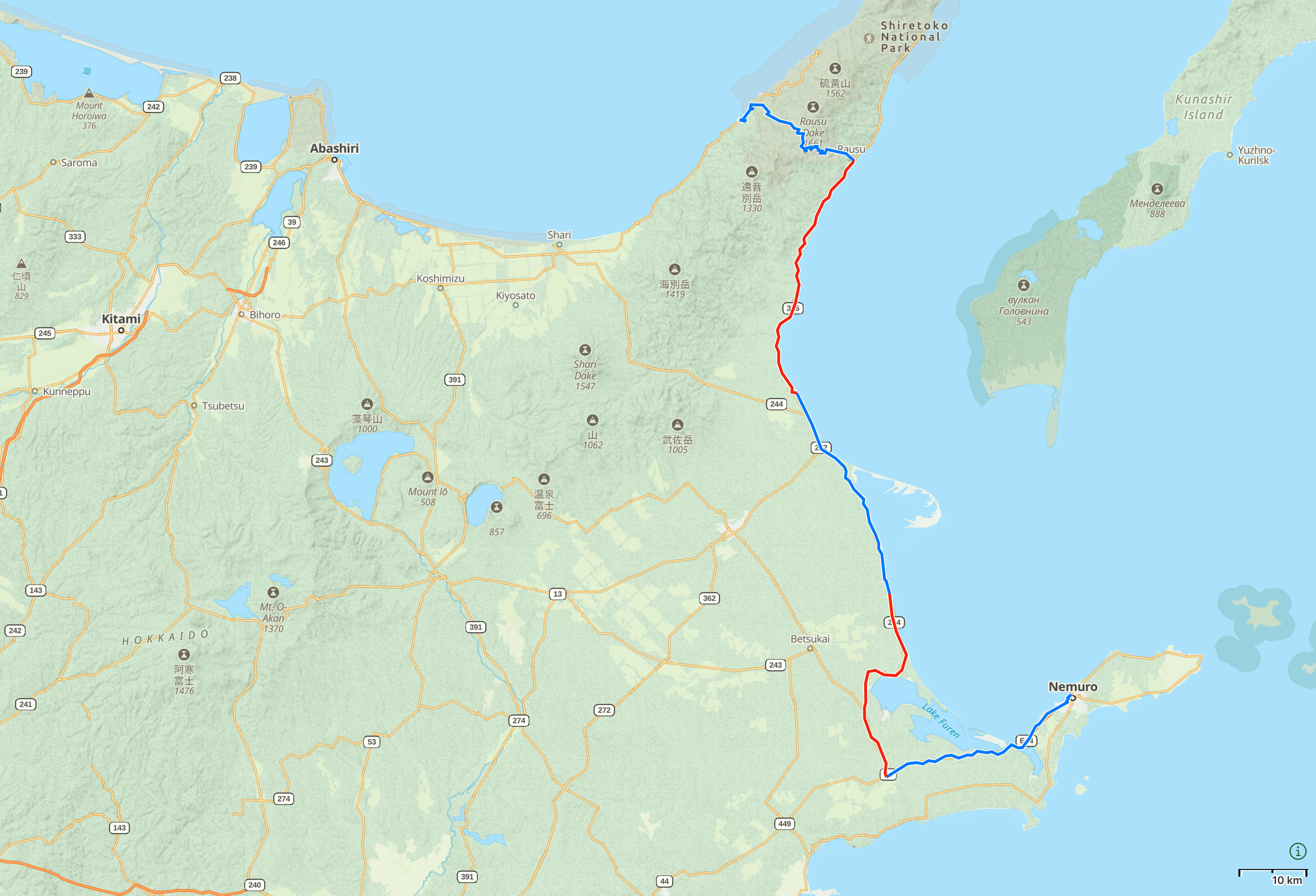 Map of Eastern Hokkaido with author’s route from Nemuro to Utoro highlighted.