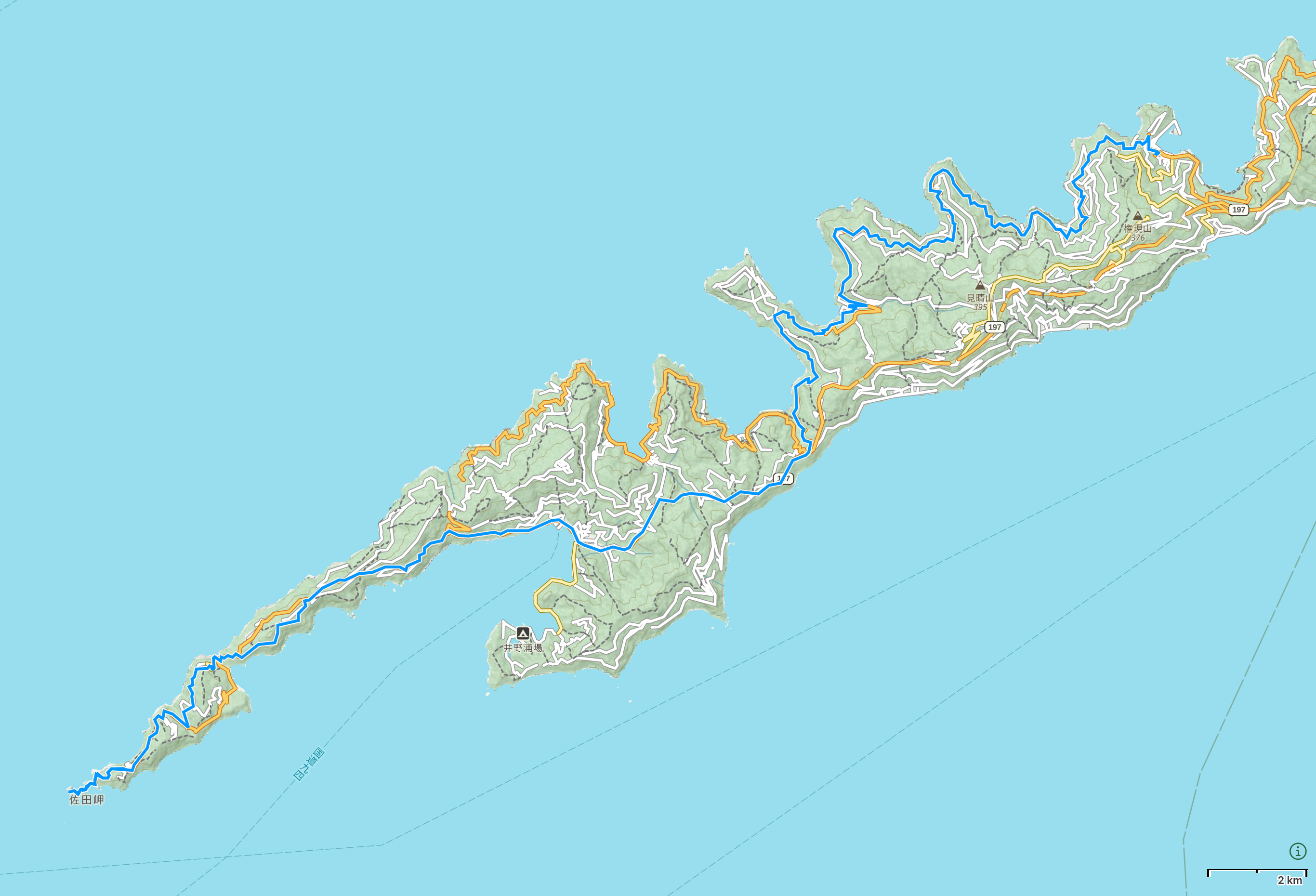 Map of Ehime Prefecture with author’s route between Mitsukue and Cape Sada, the westernmost point of Shikoku, highlighted.